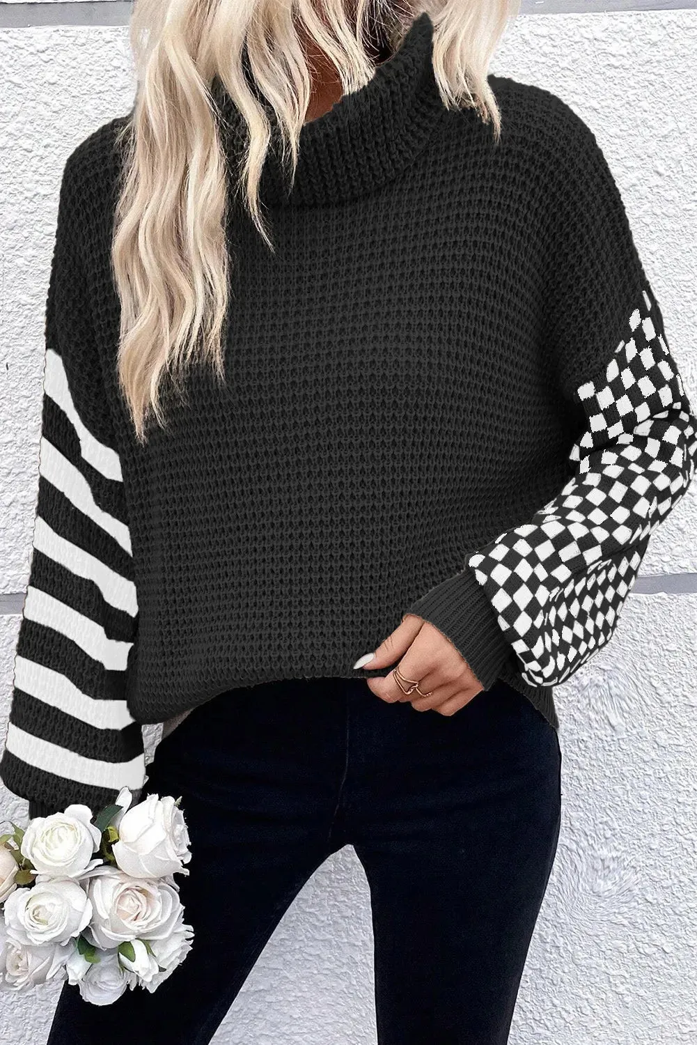Checkered Striped Turtleneck Long Sleeve Sweater sold by Charming Charlie