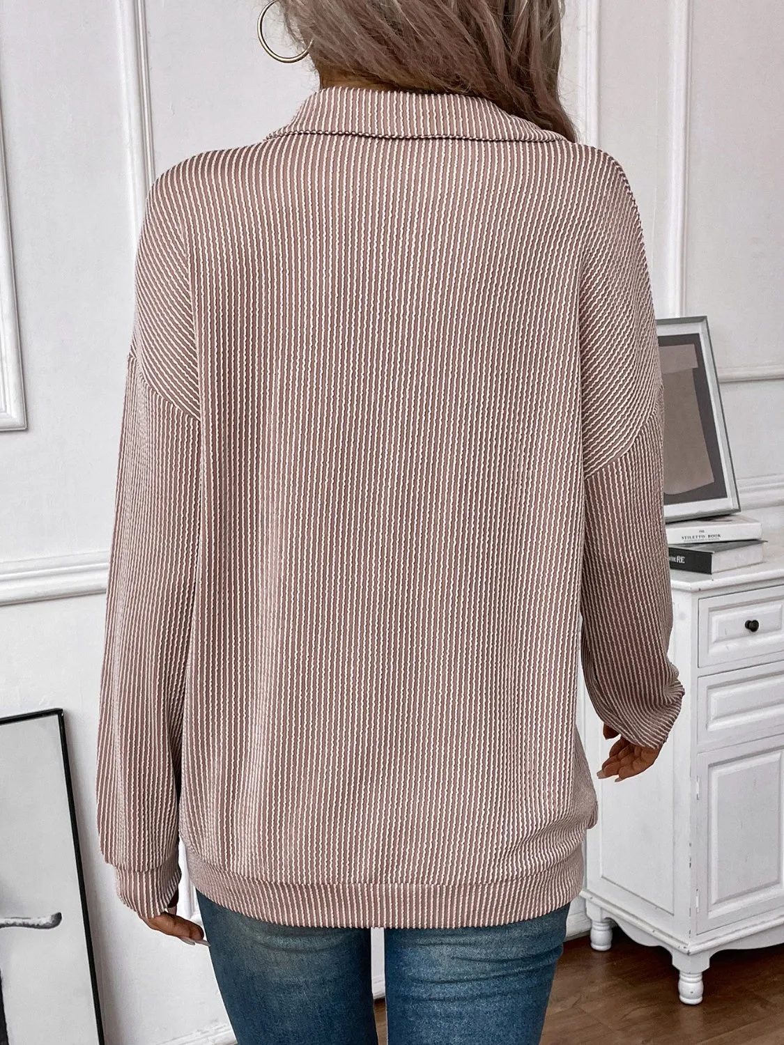 Double Take Striped Half Zip Long Sleeve T-Shirt sold by Charming Charlie product image thumbnail 2