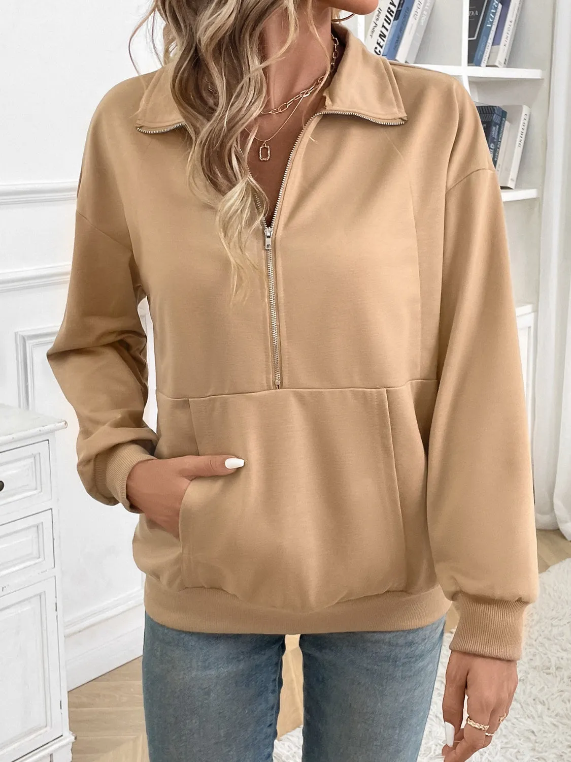 Half Zip Kangaroo Pocket Long Sleeve Sweatshirt sold by Charming Charlie product image thumbnail 4