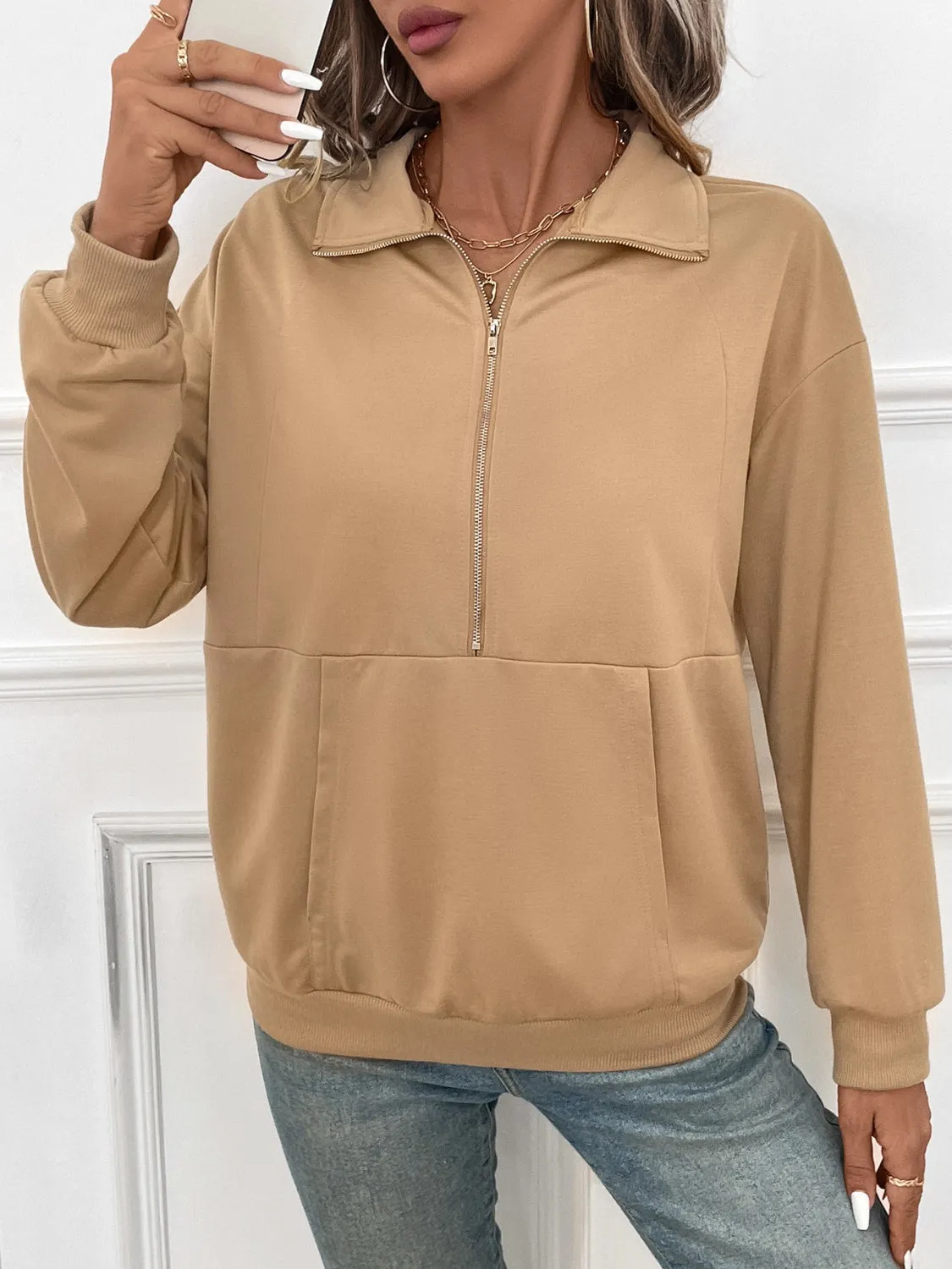 Half Zip Kangaroo Pocket Long Sleeve Sweatshirt sold by Charming Charlie product image thumbnail 5