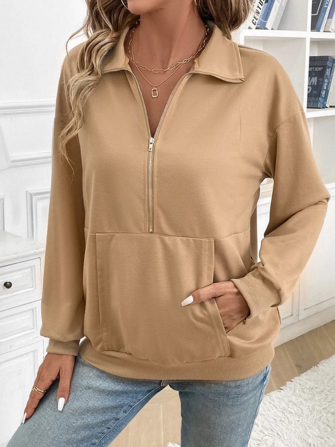 Half Zip Kangaroo Pocket Long Sleeve Sweatshirt sold by Charming Charlie product image thumbnail 3