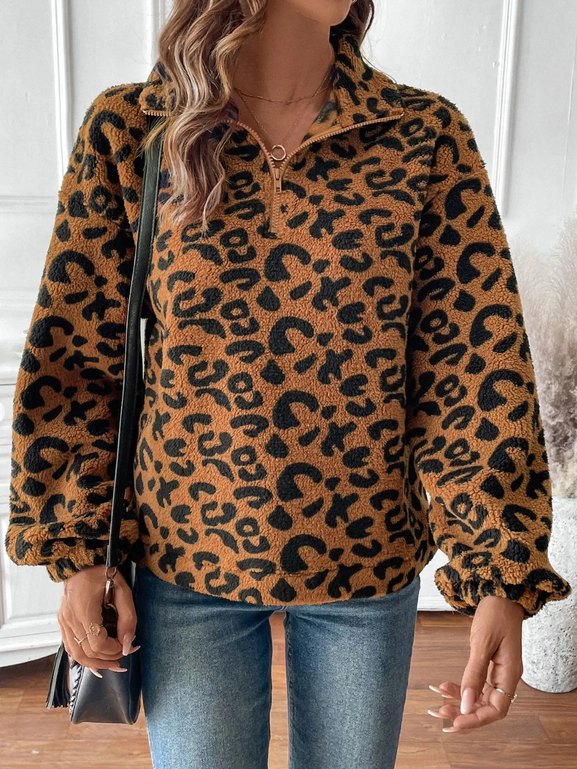 Leopard Half Zip Long Sleeve Sweatshirt sold by Charming Charlie product image thumbnail 5