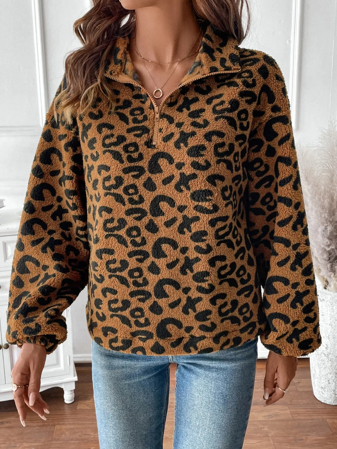 Leopard Half Zip Long Sleeve Sweatshirt sold by Charming Charlie product image thumbnail 3