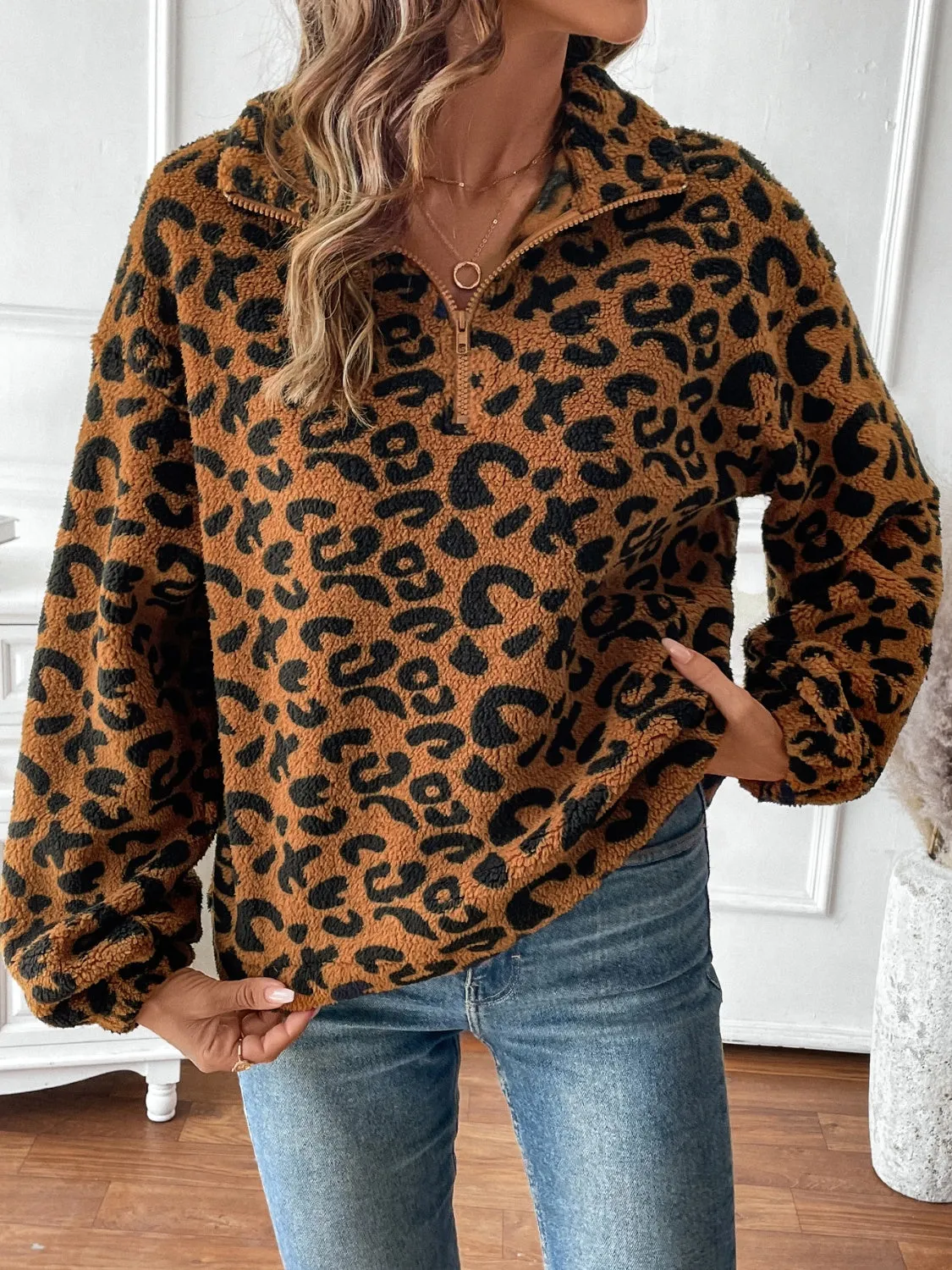 Leopard Half Zip Long Sleeve Sweatshirt sold by Charming Charlie product image thumbnail 4