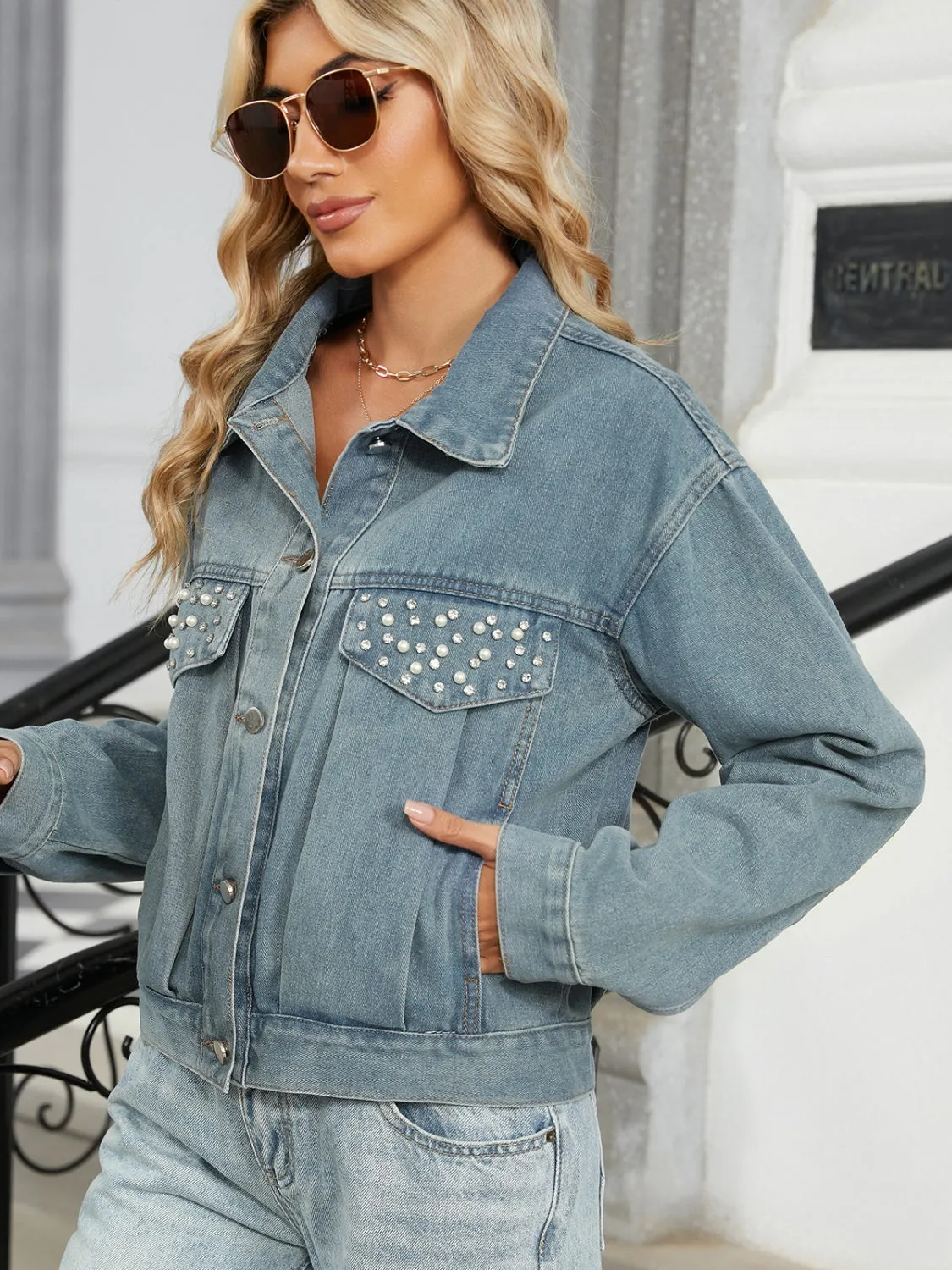 Rhinestone & Peal Trim Button Down Long Sleeve Denim Jacket sold by Charming Charlie product image thumbnail 5