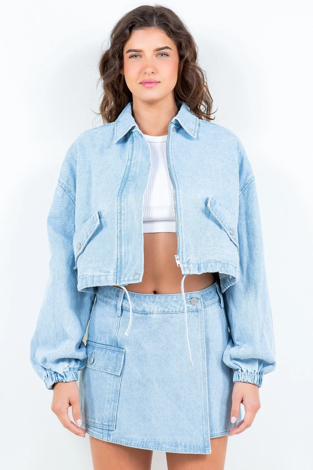 American Bazi Drawstring Waist Crop Denim Jacket sold by Charming Charlie