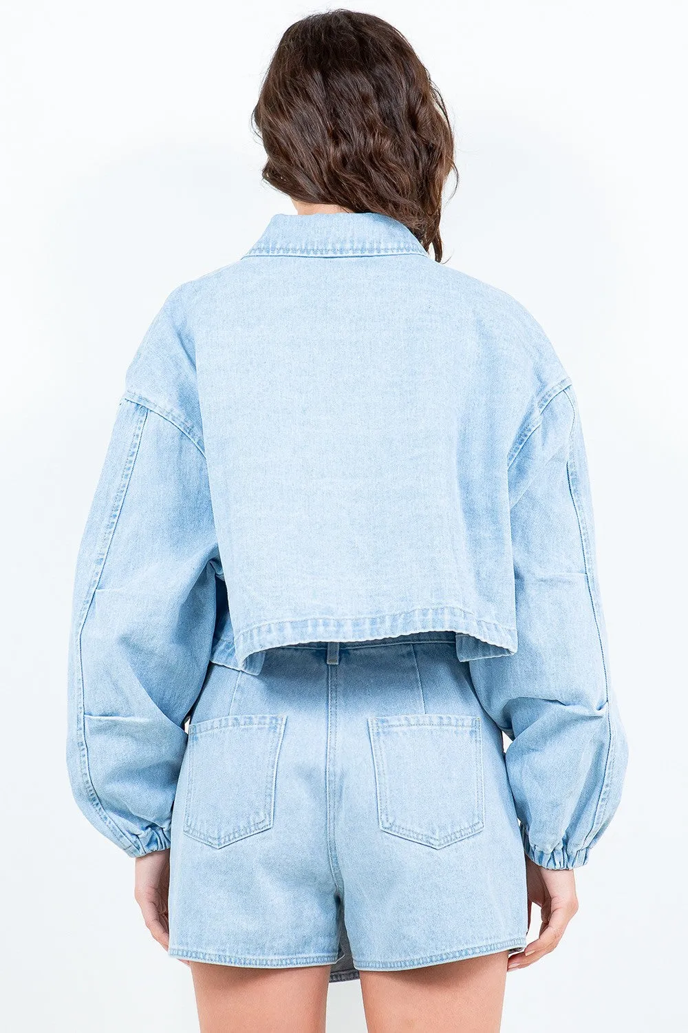 American Bazi Drawstring Waist Crop Denim Jacket sold by Charming Charlie product image thumbnail 2