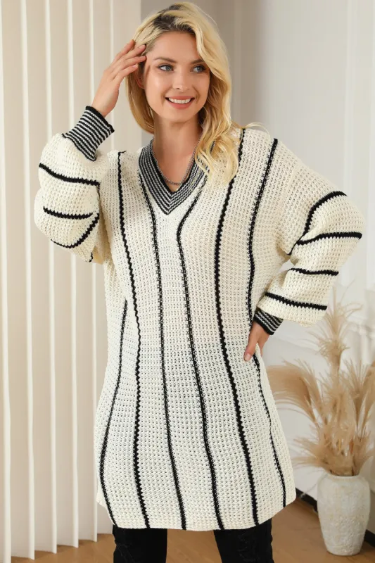 Striped V-Neck Dropped Shoulder Sweater sold by Charming Charlie