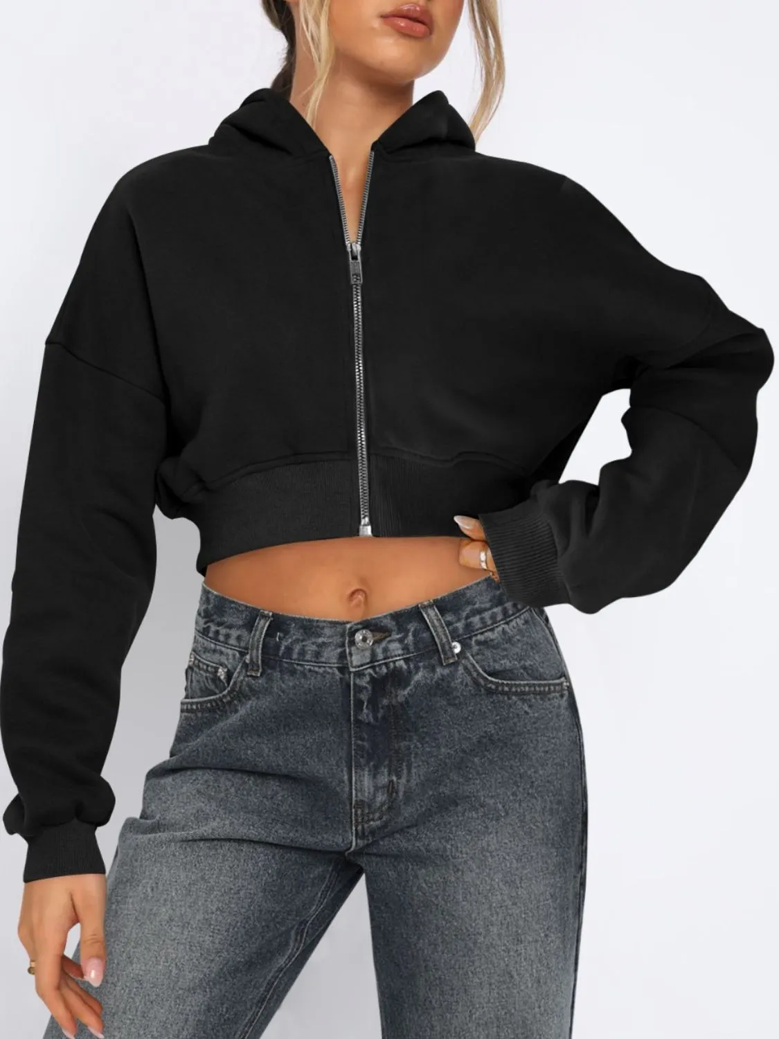 Zip Up Long Sleeve Hooded Cropped Jacket sold by Charming Charlie product image thumbnail 4