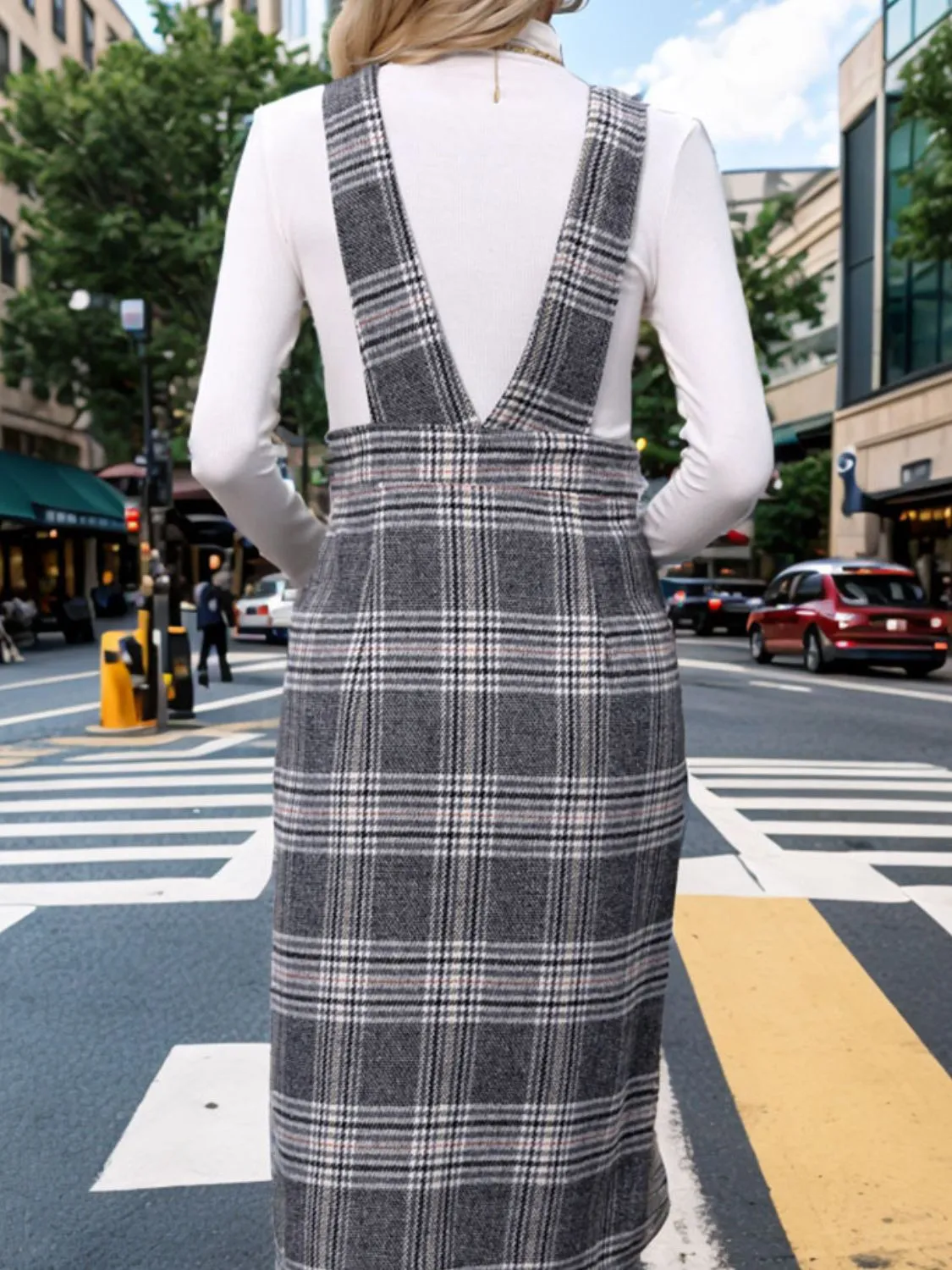 Perfee Pocketed Plaid Overall Dress sold by Charming Charlie product image thumbnail 2