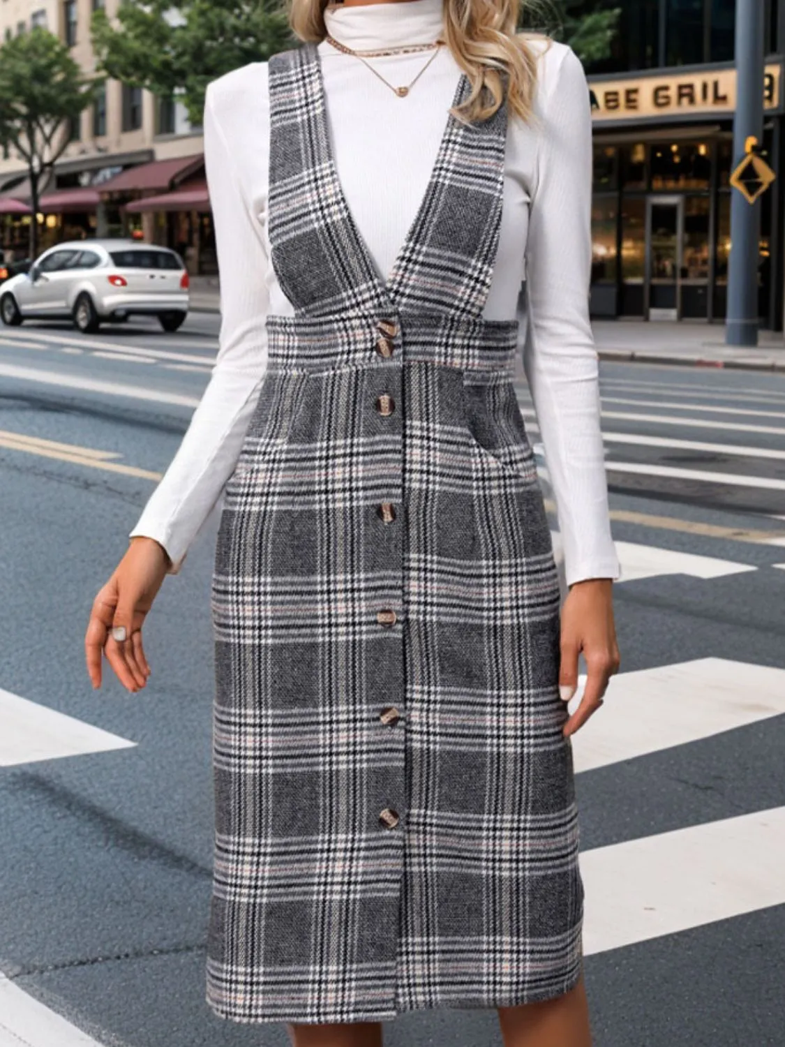 Perfee Pocketed Plaid Overall Dress sold by Charming Charlie product image thumbnail 3