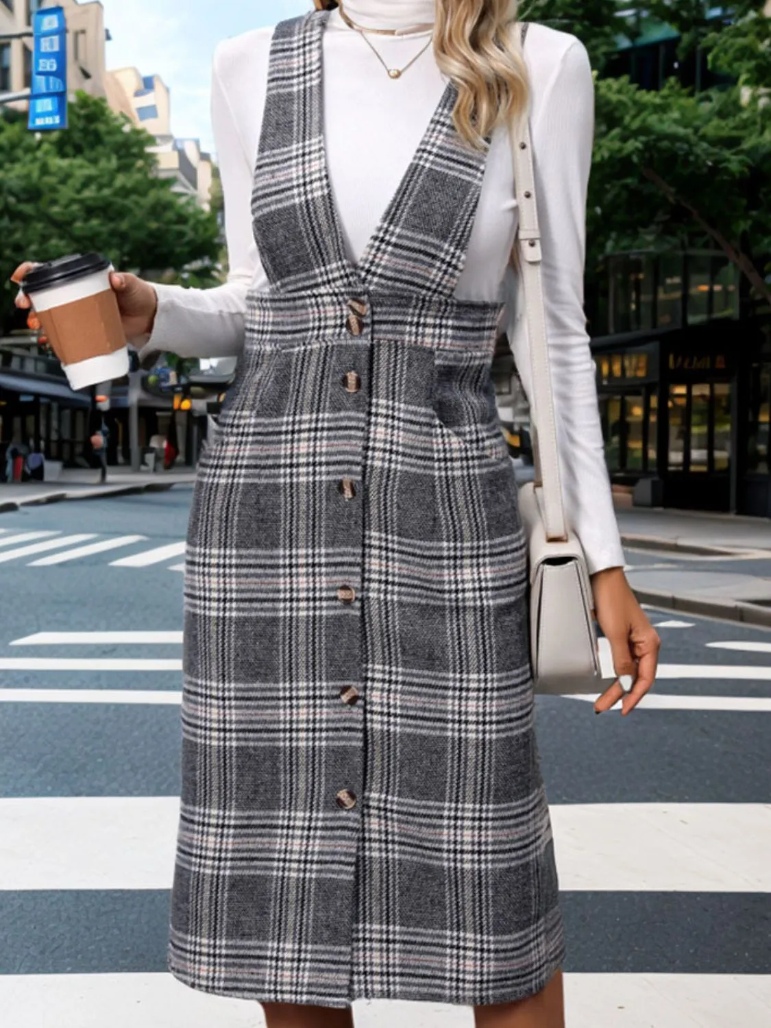 Perfee Pocketed Plaid Overall Dress sold by Charming Charlie product image thumbnail 4