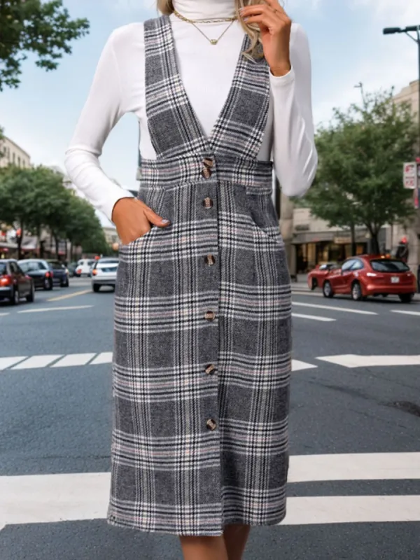 Perfee Pocketed Plaid Overall Dress sold by Charming Charlie