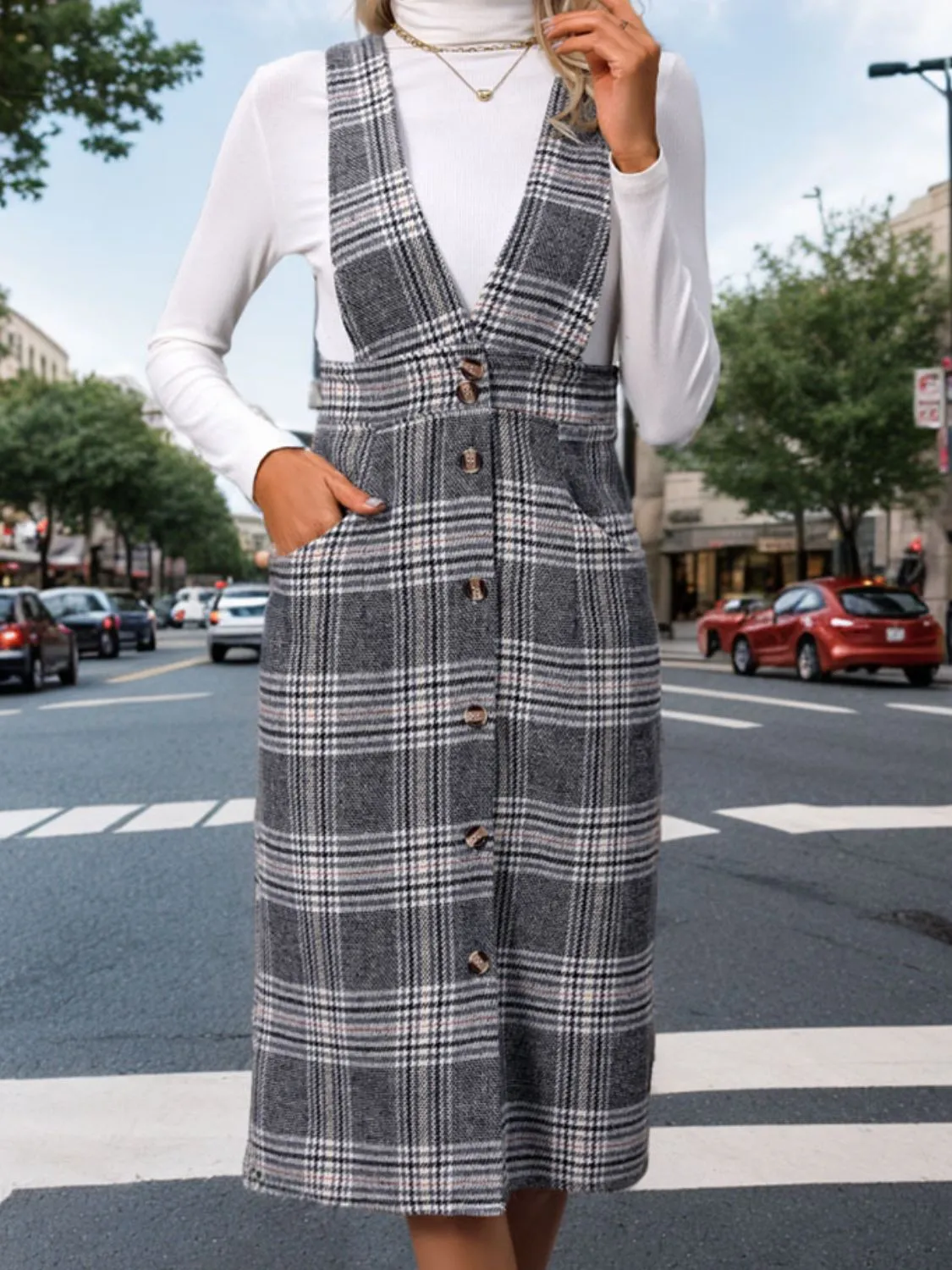 Perfee Pocketed Plaid Overall Dress sold by Charming Charlie