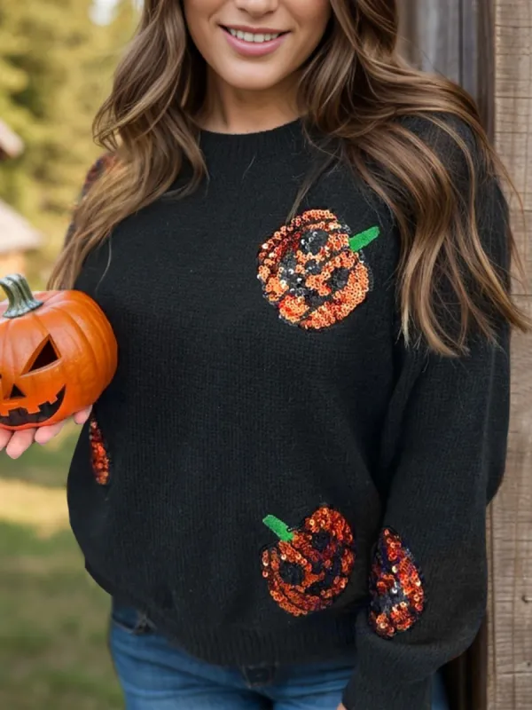 Plus Size Sequin Pumpkin Round Neck Sweater sold by Charming Charlie
