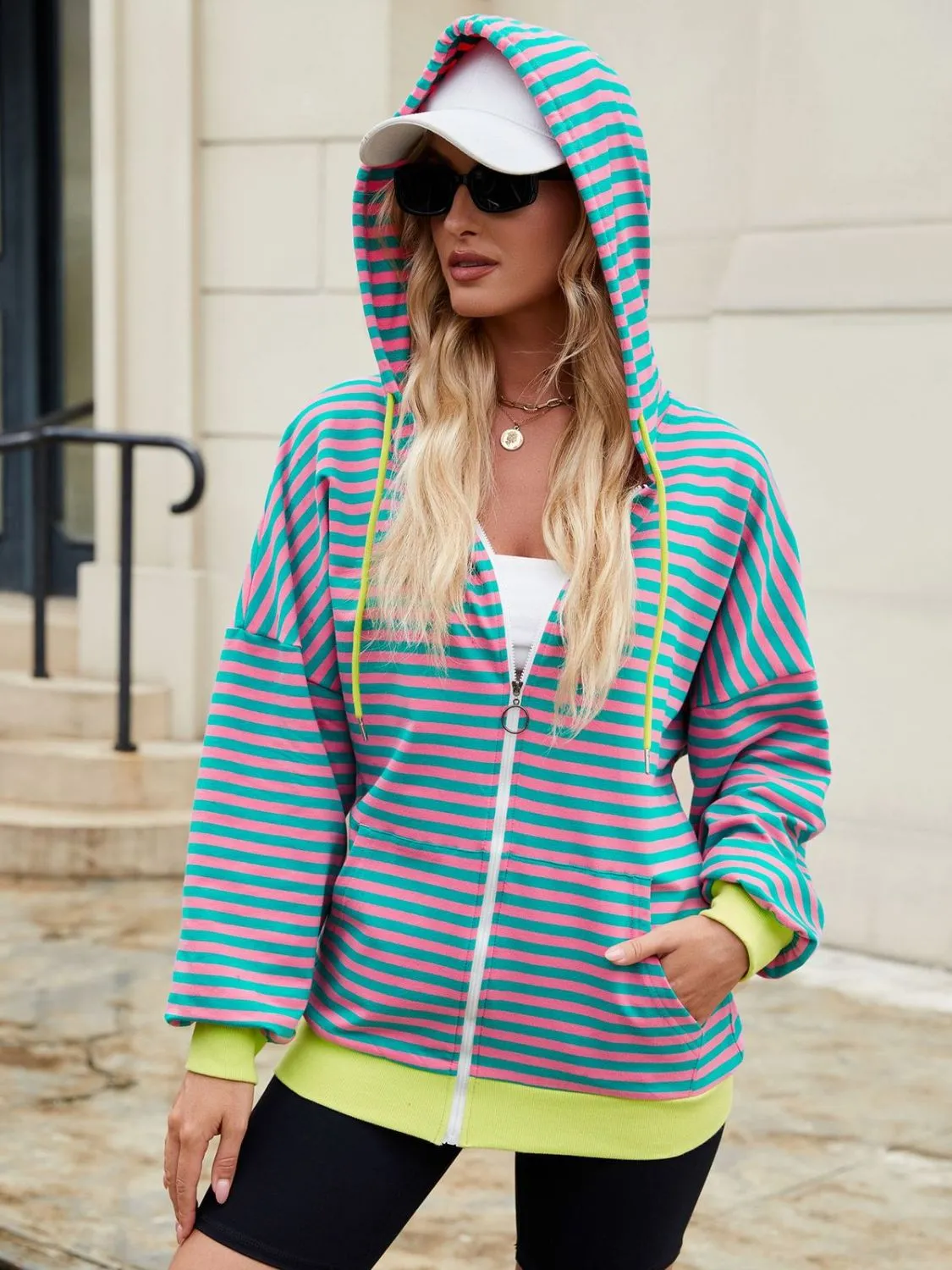 Drawstring Striped Zip Up Long Sleeve Hoodie sold by Charming Charlie
