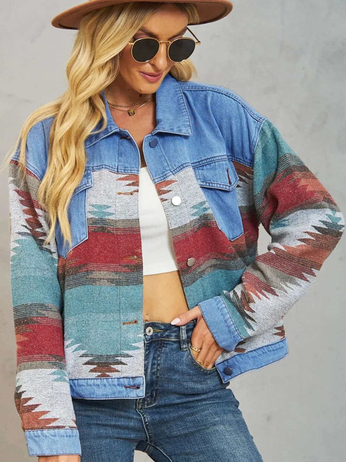 Geometric Button Up Dropped Shoulder Denim Jacket sold by Charming Charlie product image thumbnail 4