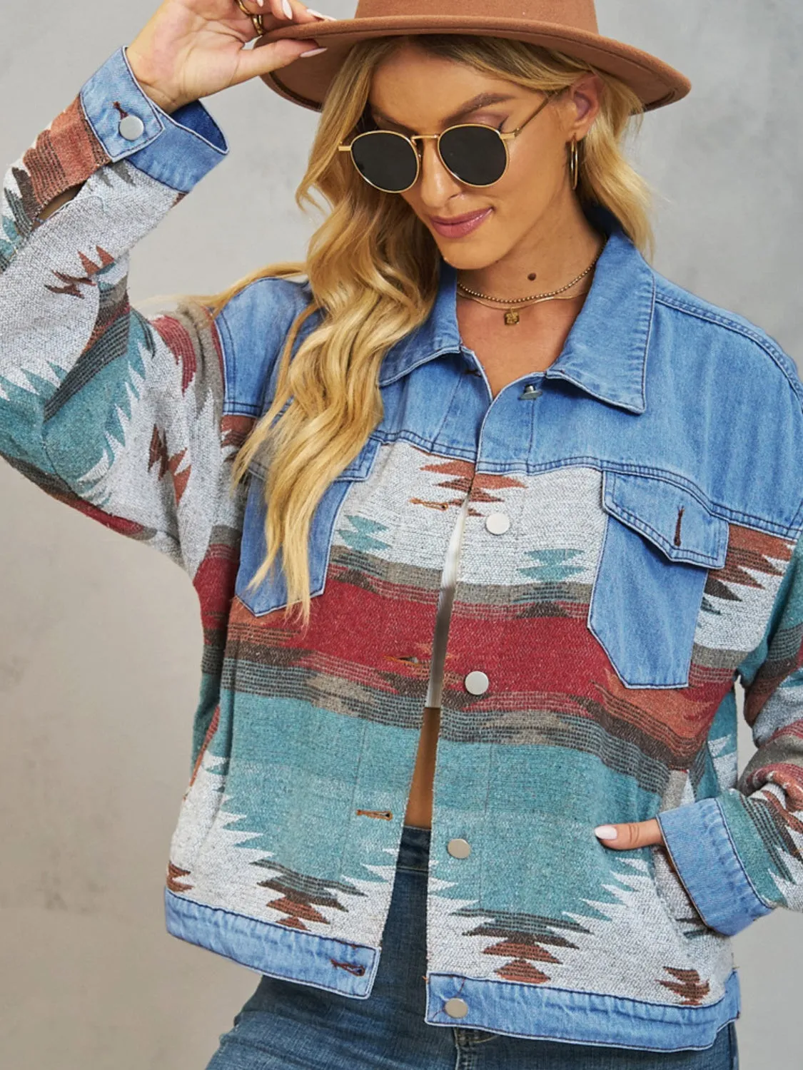 Geometric Button Up Dropped Shoulder Denim Jacket sold by Charming Charlie product image thumbnail 5