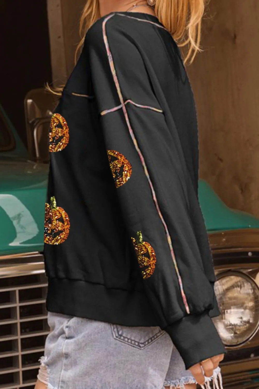 Sequin Pumpkin Round Neck Long Sleeve Sweatshirt sold by Charming Charlie product image thumbnail 2
