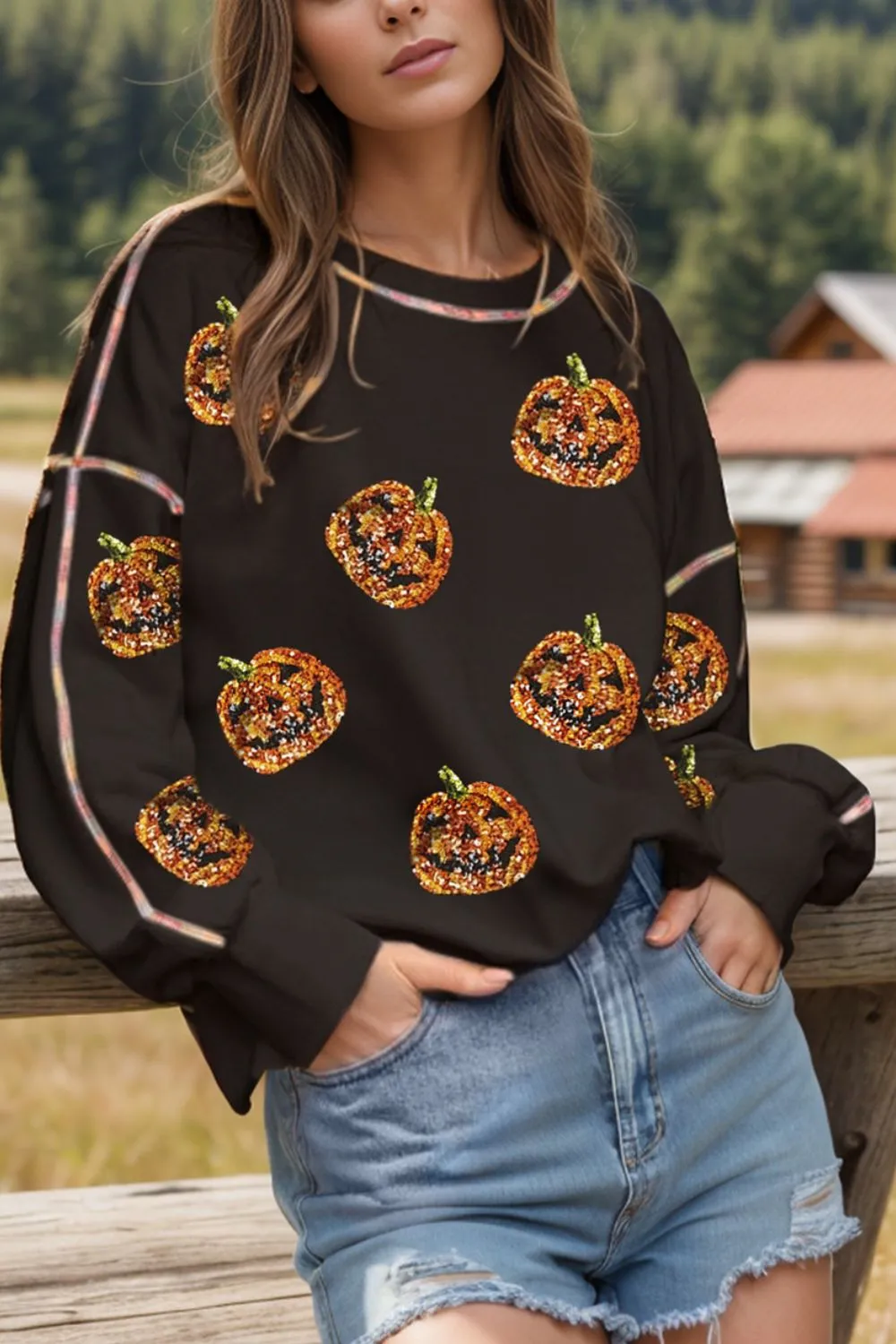 Sequin Pumpkin Round Neck Long Sleeve Sweatshirt sold by Charming Charlie