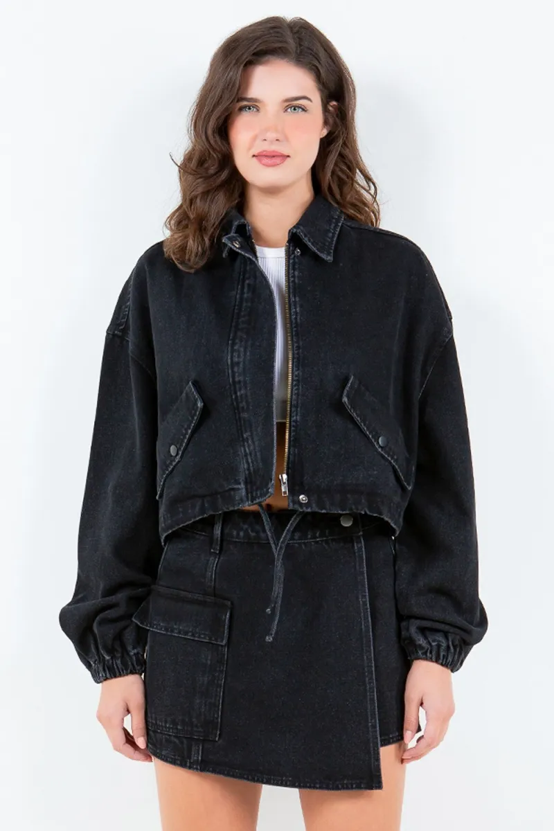 American Bazi Drawstring Waist Crop Denim Jacket sold by Charming Charlie