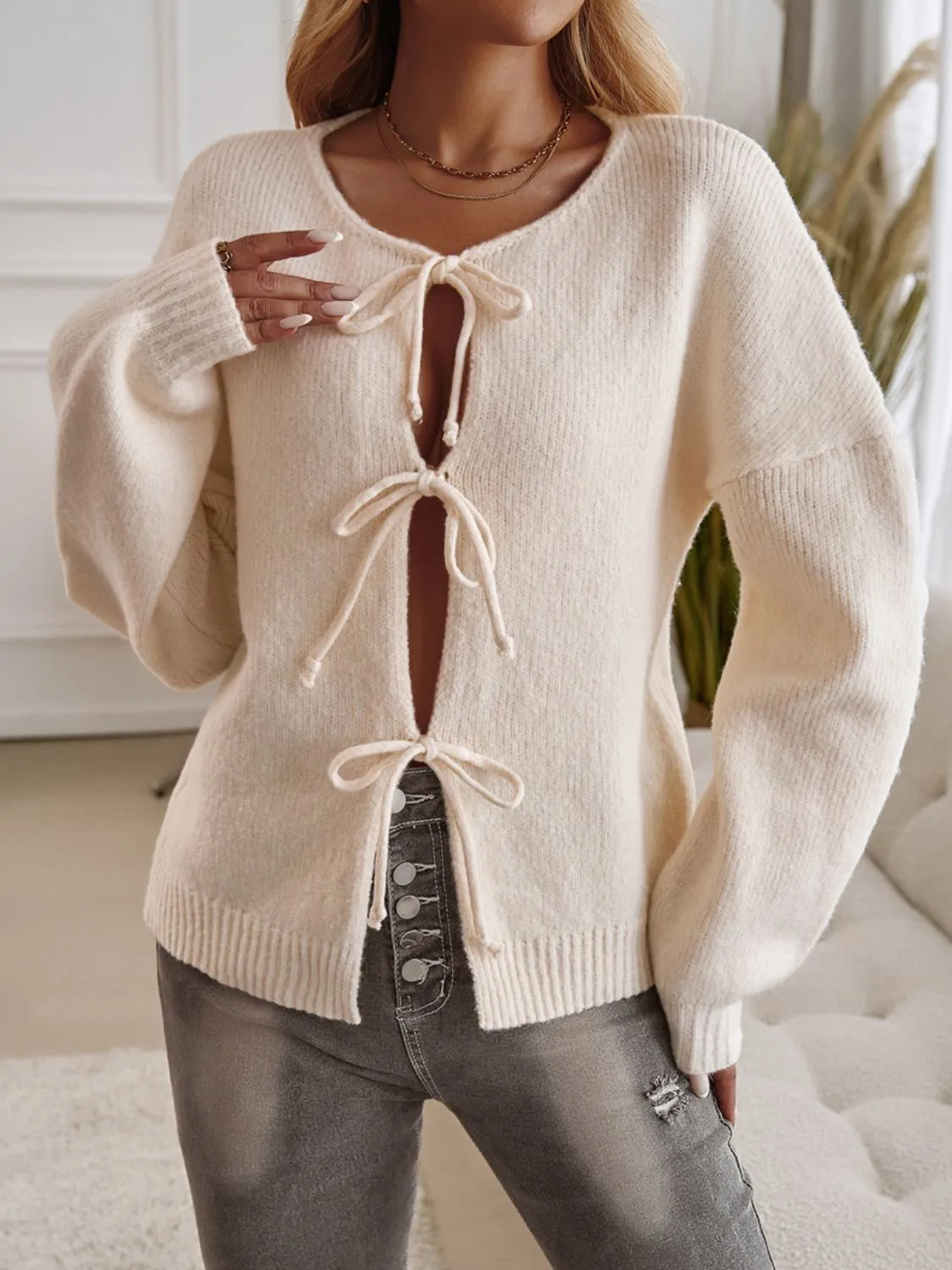 Devine Tied Round Neck Dropped Shoulder Cardigan sold by Charming Charlie product image thumbnail 3