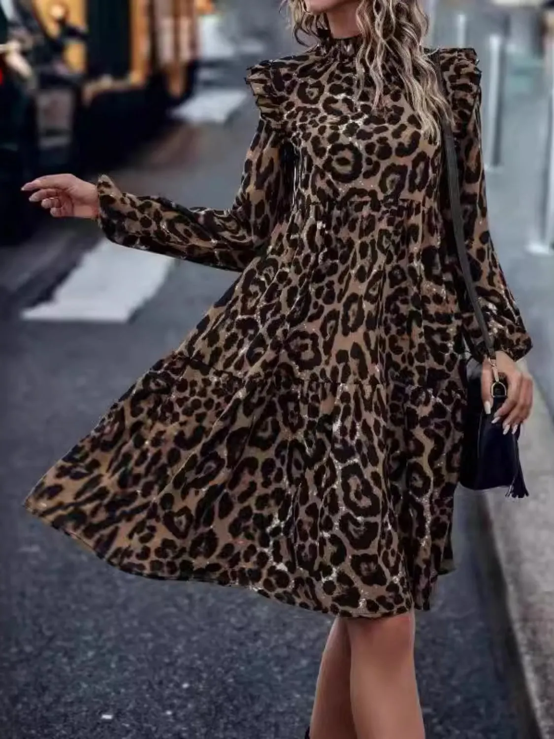 Ruffled Leopard Mock Neck Long Sleeve Mini Dress sold by Charming Charlie product image thumbnail 4