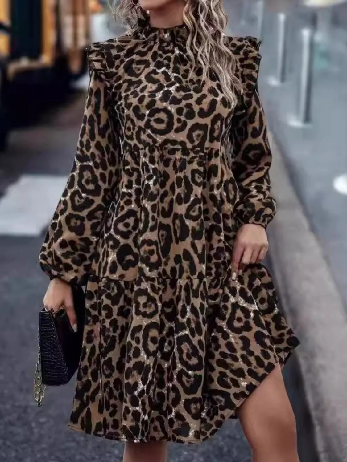 Ruffled Leopard Mock Neck Long Sleeve Mini Dress sold by Charming Charlie