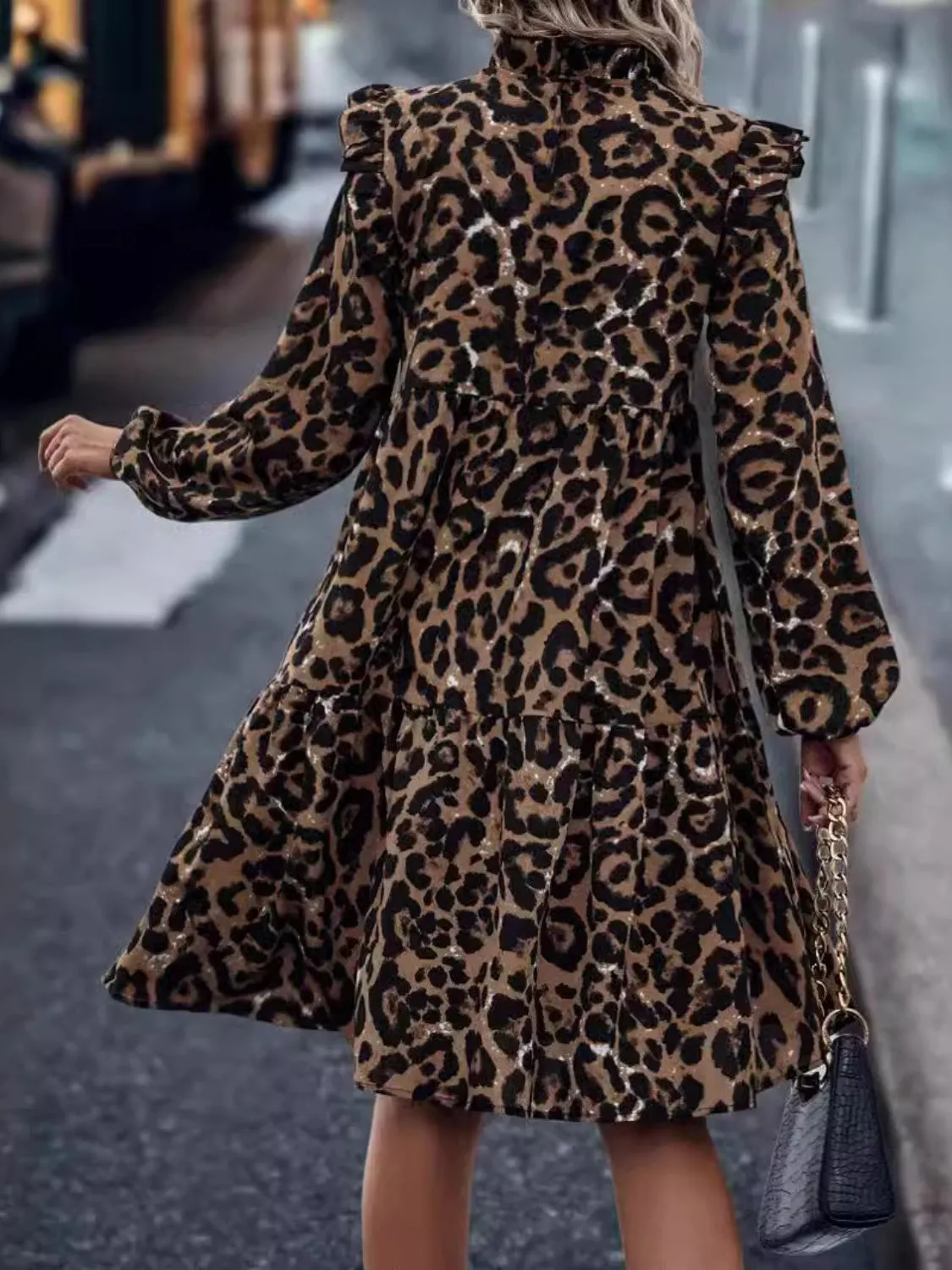 Ruffled Leopard Mock Neck Long Sleeve Mini Dress sold by Charming Charlie product image thumbnail 2
