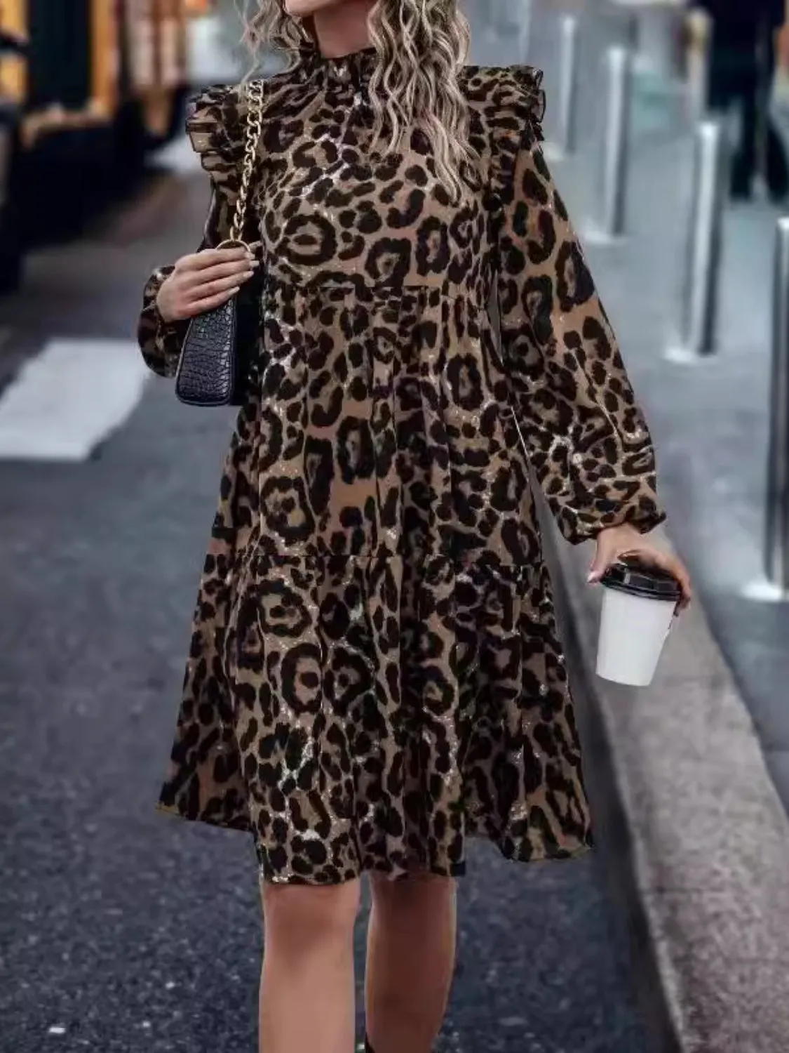 Ruffled Leopard Mock Neck Long Sleeve Mini Dress sold by Charming Charlie product image thumbnail 3