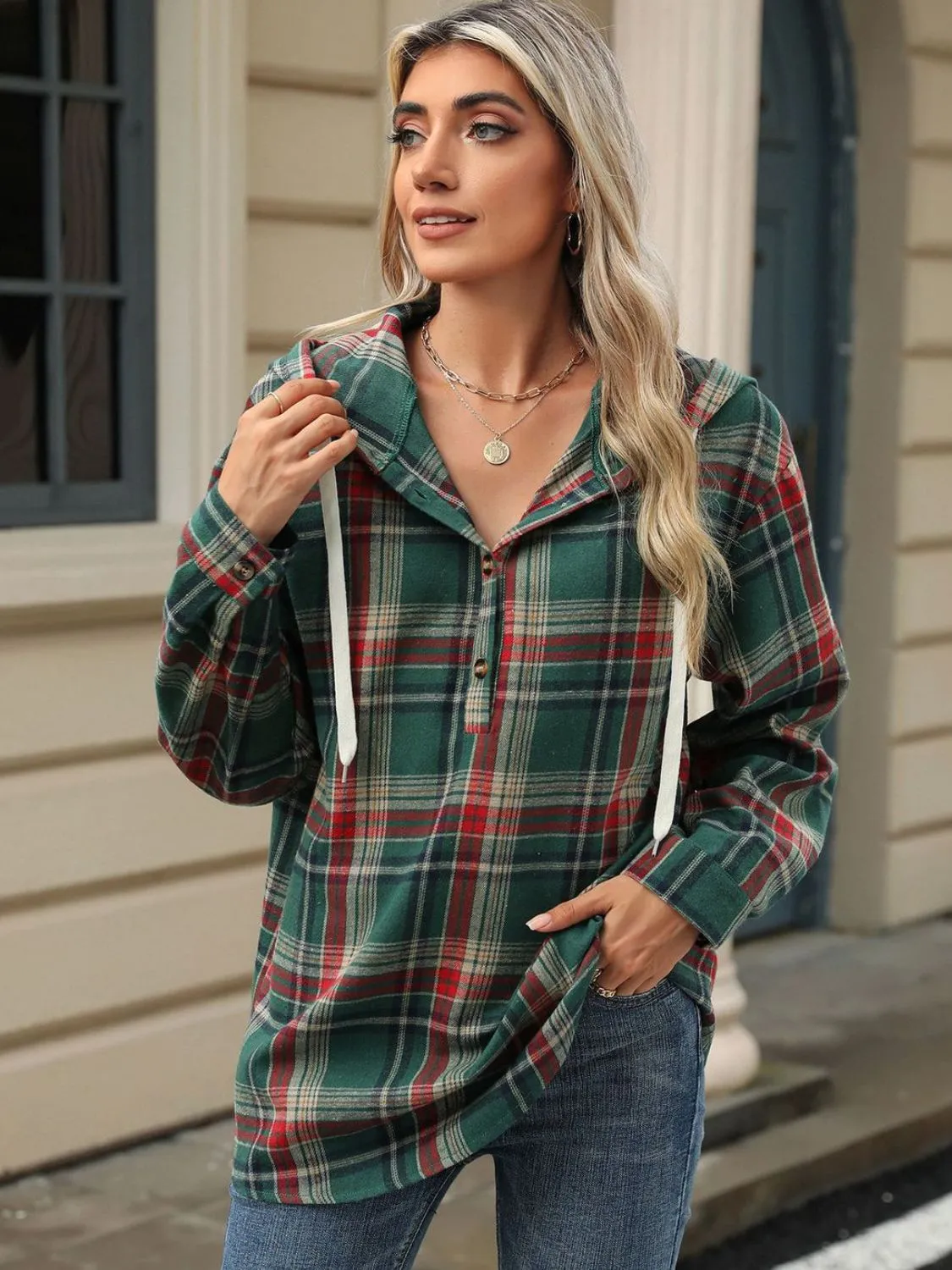 Drawstring Plaid Hooded Long Sleeve Top sold by Charming Charlie product image thumbnail 5
