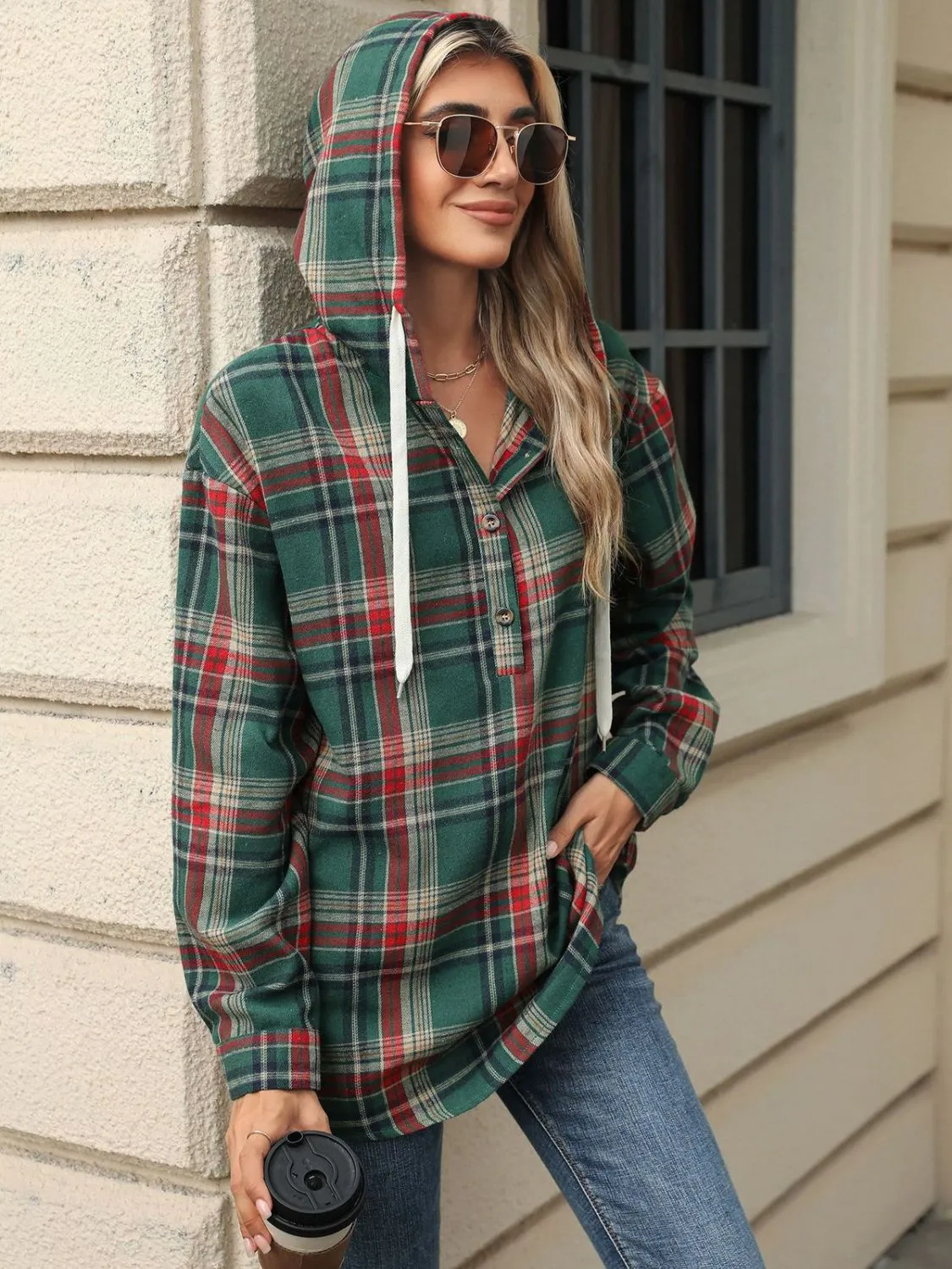 Drawstring Plaid Hooded Long Sleeve Top sold by Charming Charlie product image thumbnail 2