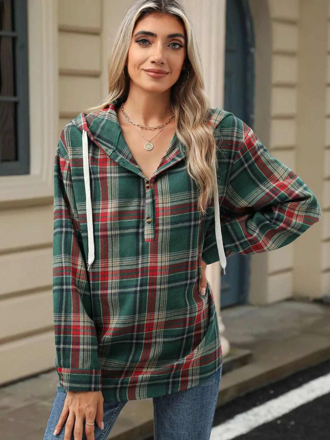 Drawstring Plaid Hooded Long Sleeve Top sold by Charming Charlie product image thumbnail 4