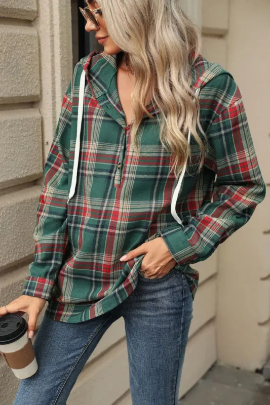 Drawstring Plaid Hooded Long Sleeve Top sold by Charming Charlie