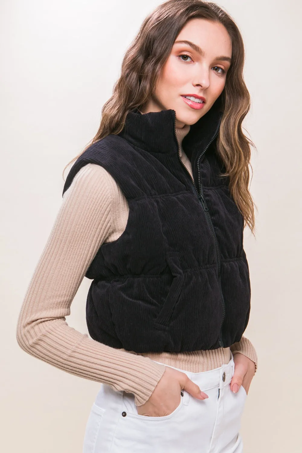 Love Tree Corduroy Zip Up Puffer Vest with Pockets sold by Charming Charlie product image thumbnail 2