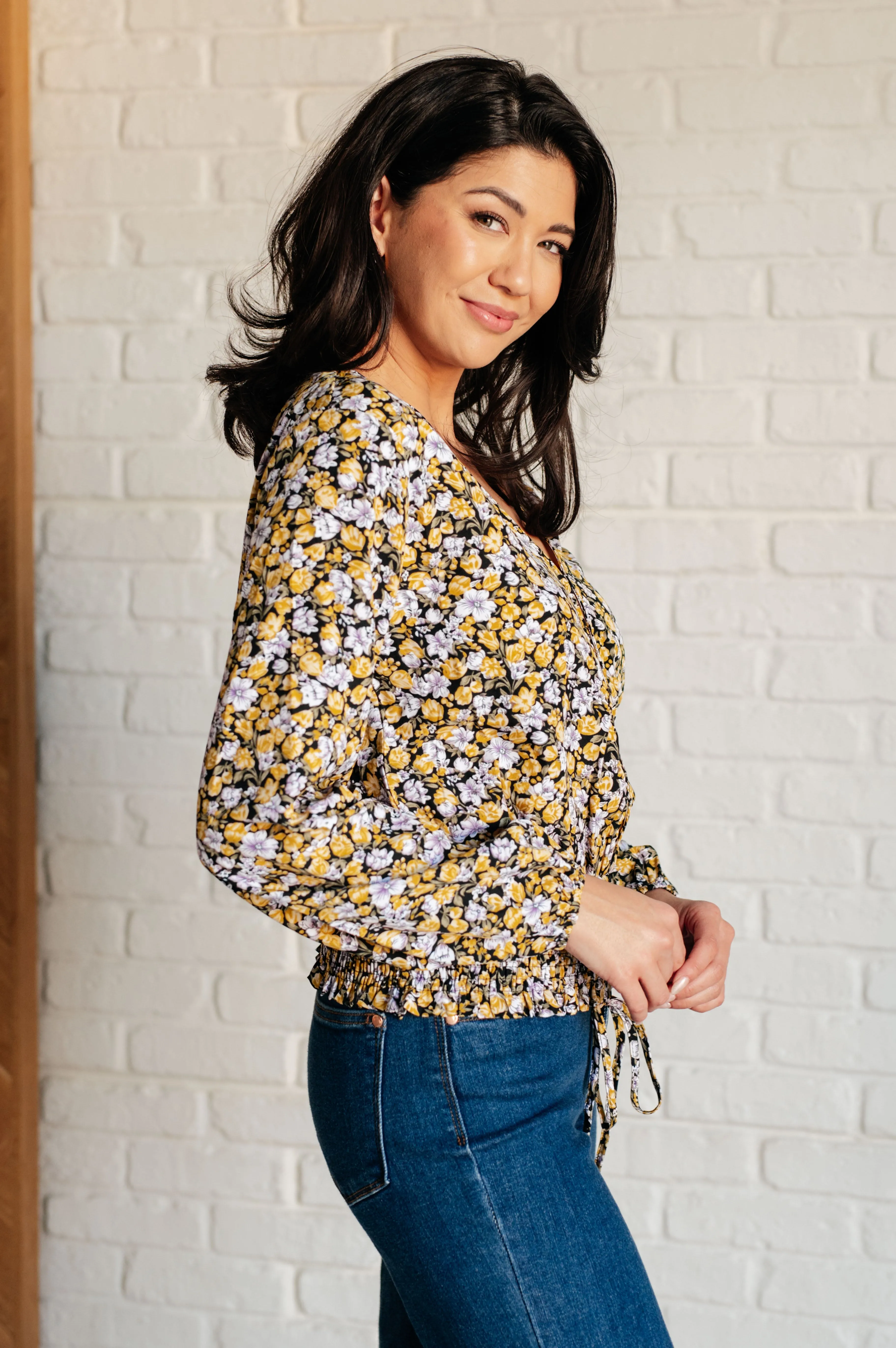 Honey Honey Floral Smocked Blouse in Black sold by Charming Charlie product image thumbnail 4