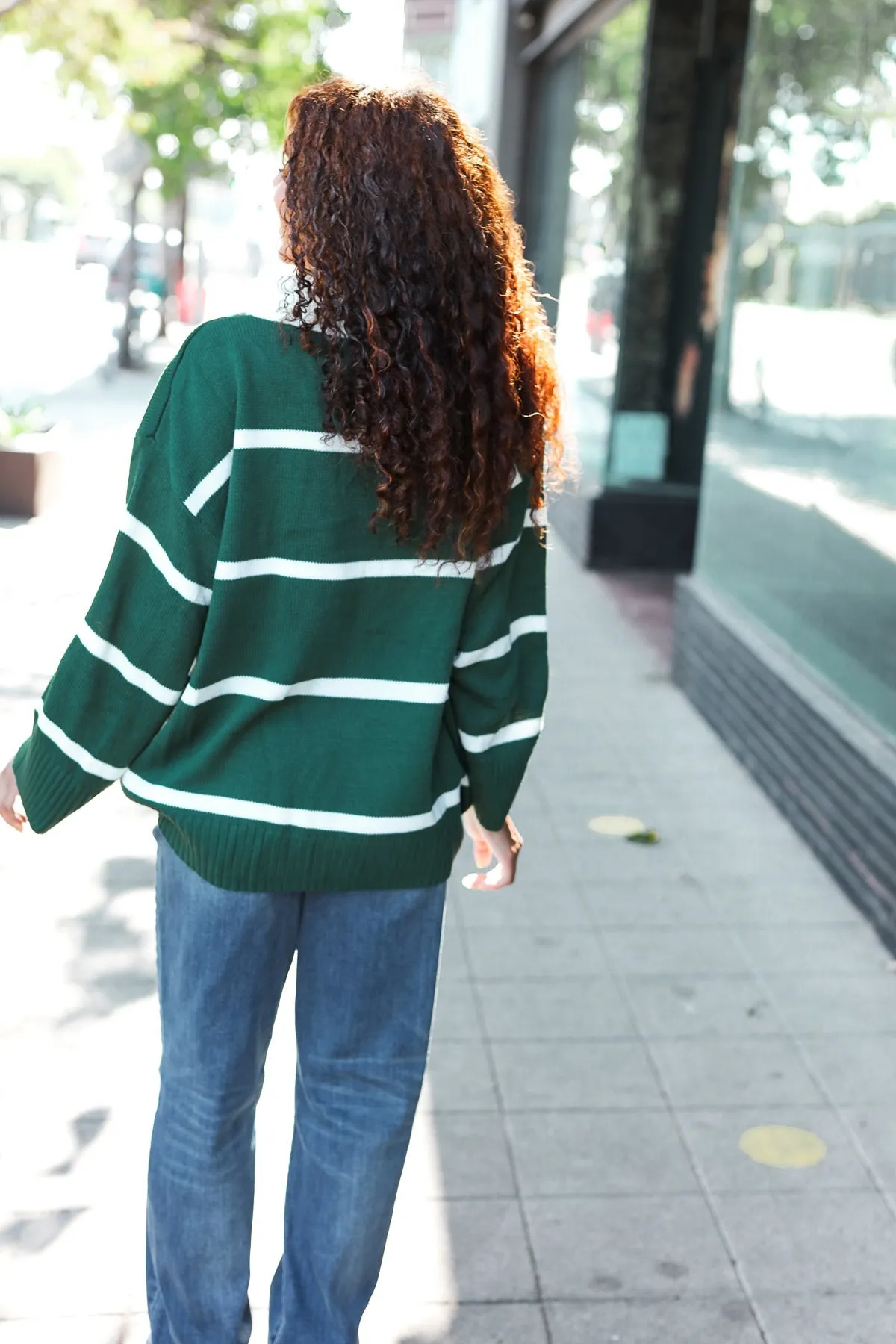 Fall For You Hunter Green Stripe Notched Neck Collared Oversized Sweater sold by Charming Charlie product image thumbnail 3