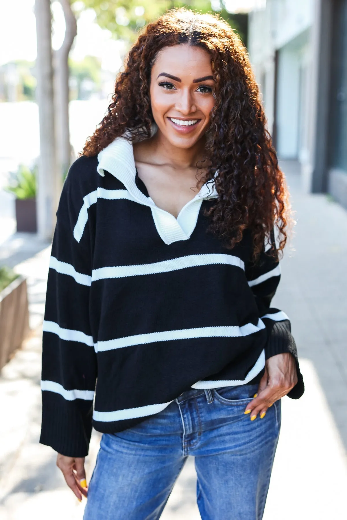 Fall For You Black Stripe Notched Neck Collared Oversized Sweater sold by Charming Charlie product image thumbnail 2