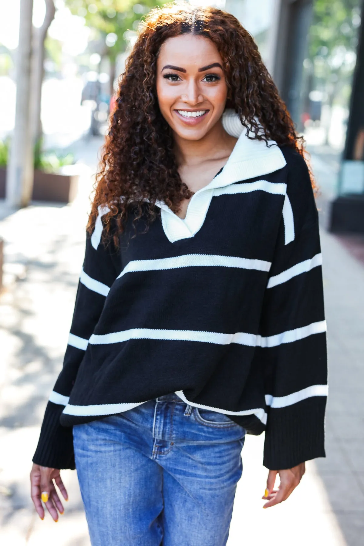 Fall For You Black Stripe Notched Neck Collared Oversized Sweater sold by Charming Charlie product image thumbnail 5