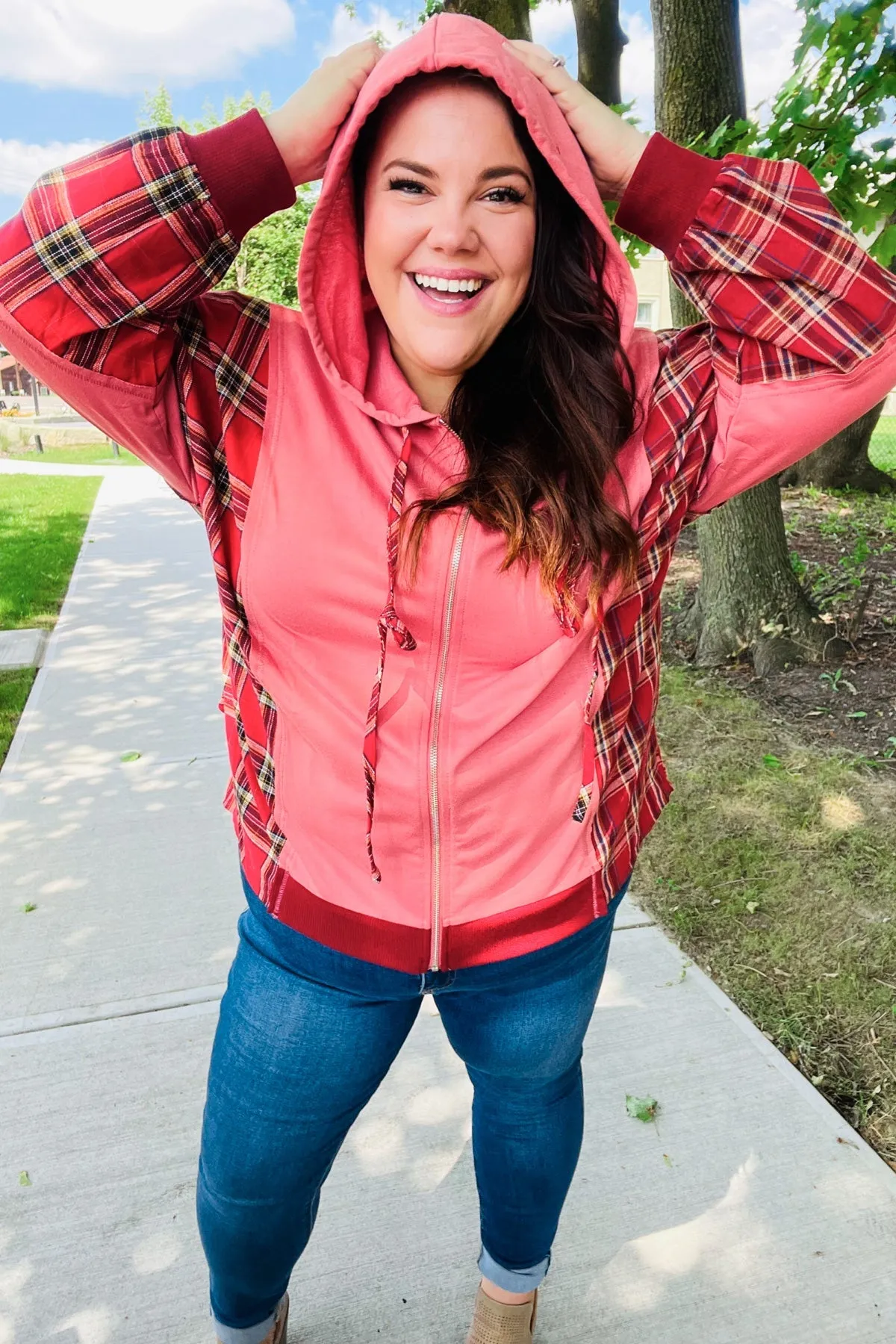 Adorable in Marsala Plaid Color Block Zipper French Terry Hoodie sold by Charming Charlie product image thumbnail 3