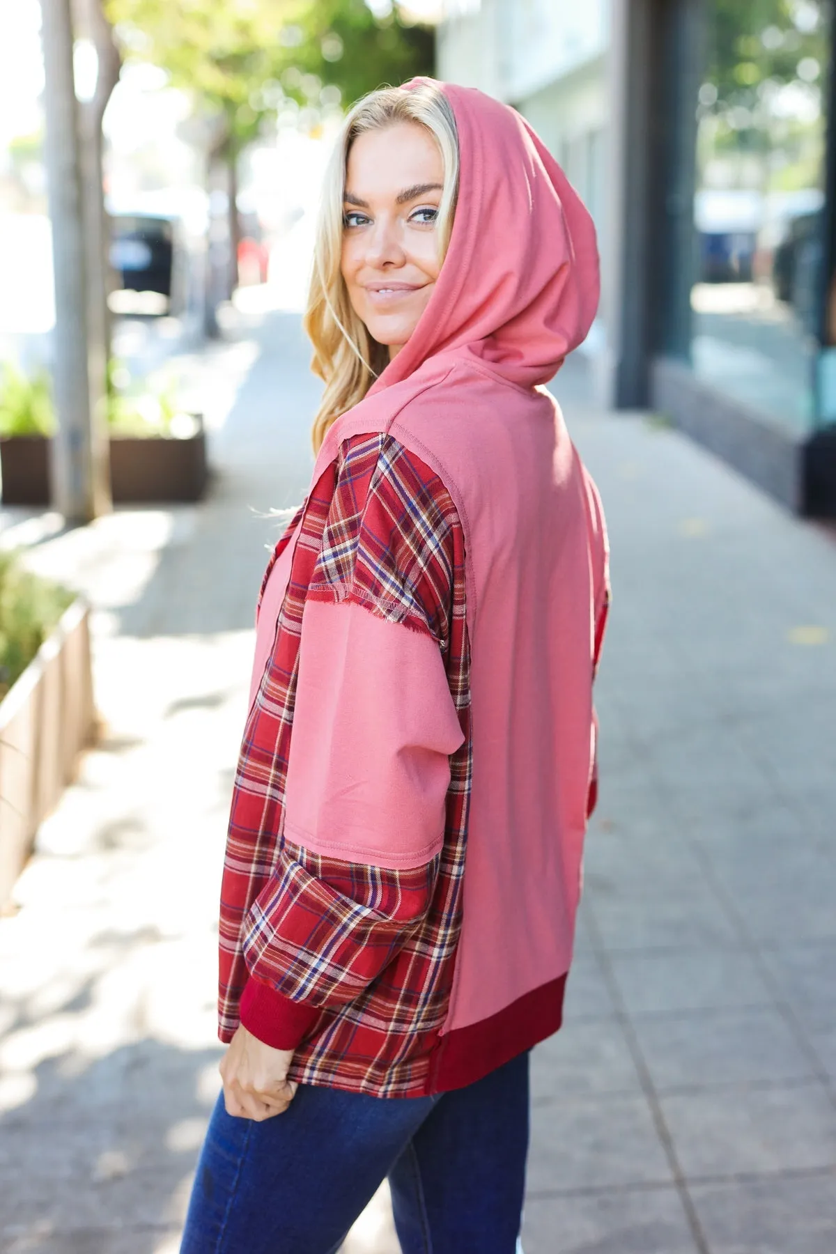 Adorable in Marsala Plaid Color Block Zipper French Terry Hoodie sold by Charming Charlie product image thumbnail 5