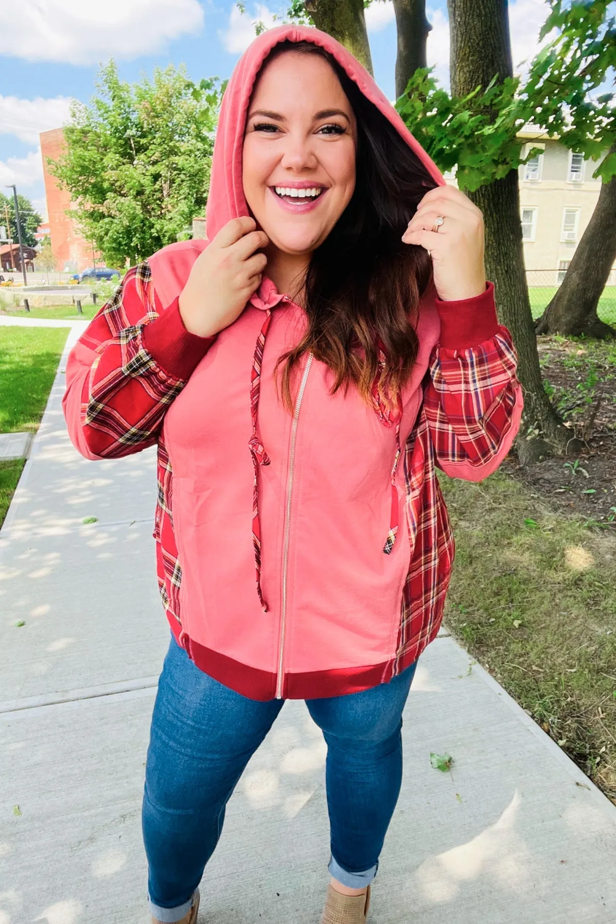 Adorable in Marsala Plaid Color Block Zipper French Terry Hoodie sold by Charming Charlie