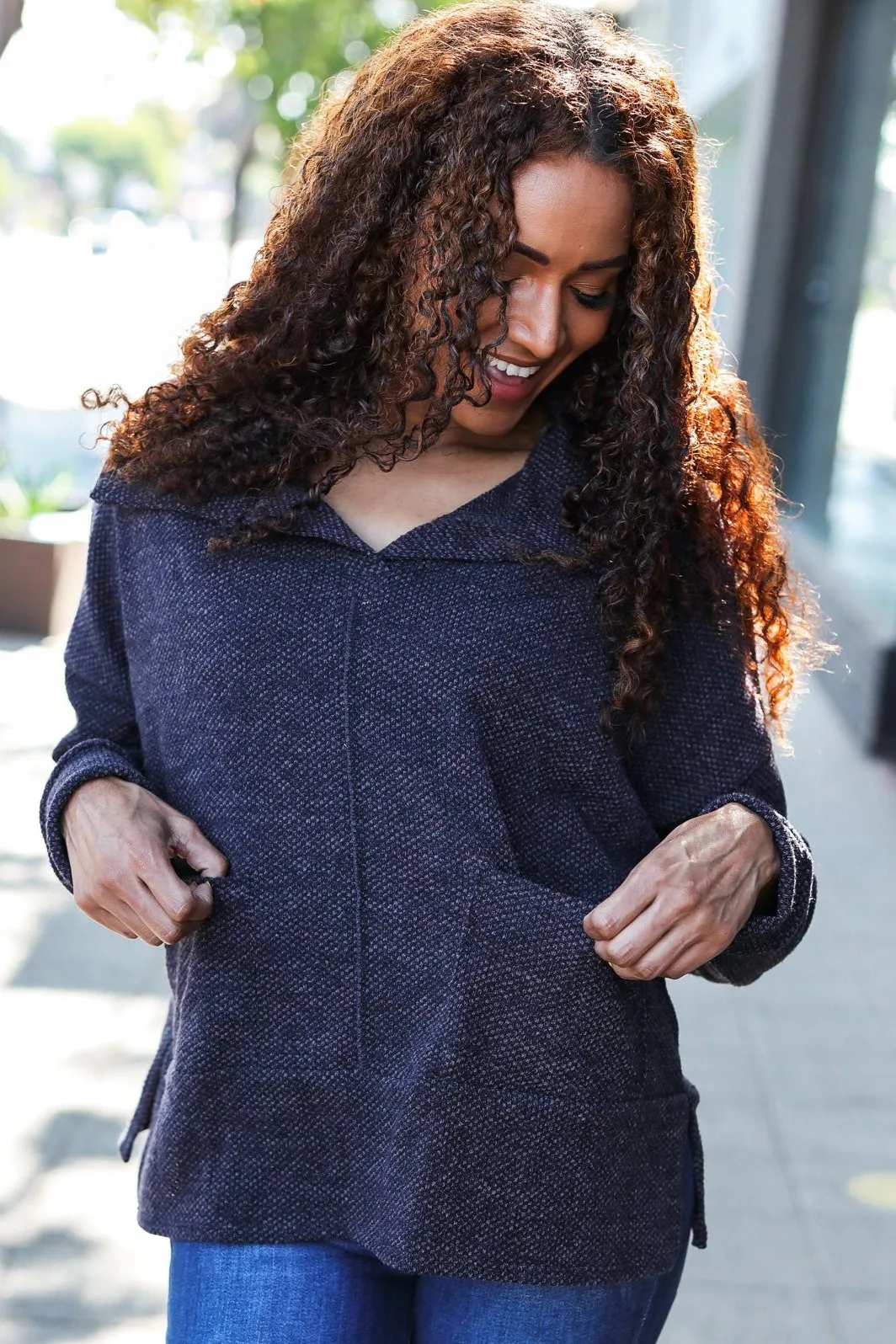 Easy Living Charcoal Textured Knit Notch Neck Oversized Collar Sweater sold by Charming Charlie