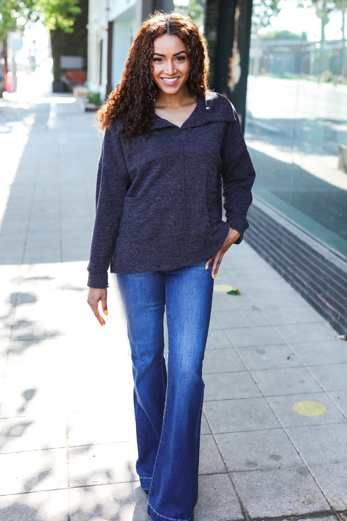 Easy Living Charcoal Textured Knit Notch Neck Oversized Collar Sweater sold by Charming Charlie product image thumbnail 4