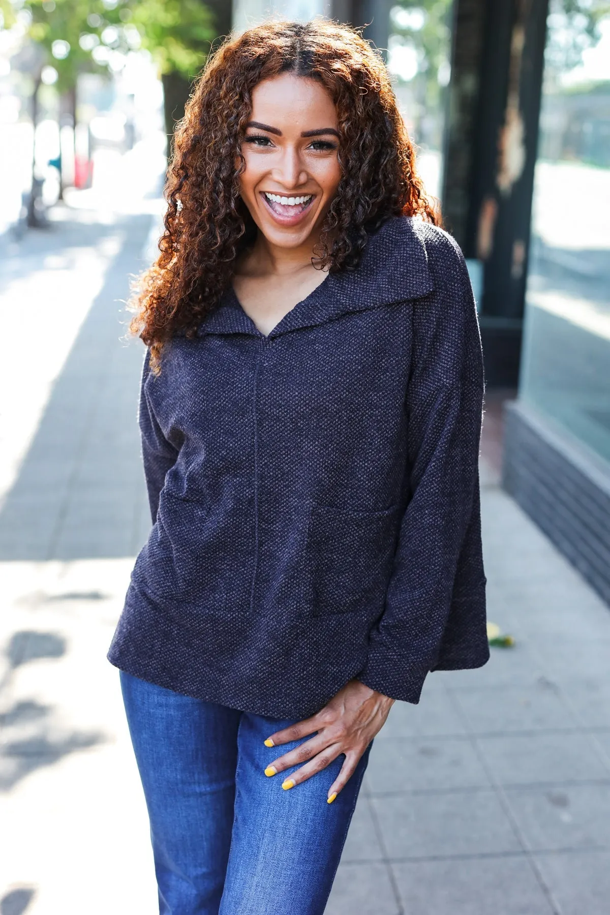 Easy Living Charcoal Textured Knit Notch Neck Oversized Collar Sweater sold by Charming Charlie product image thumbnail 2