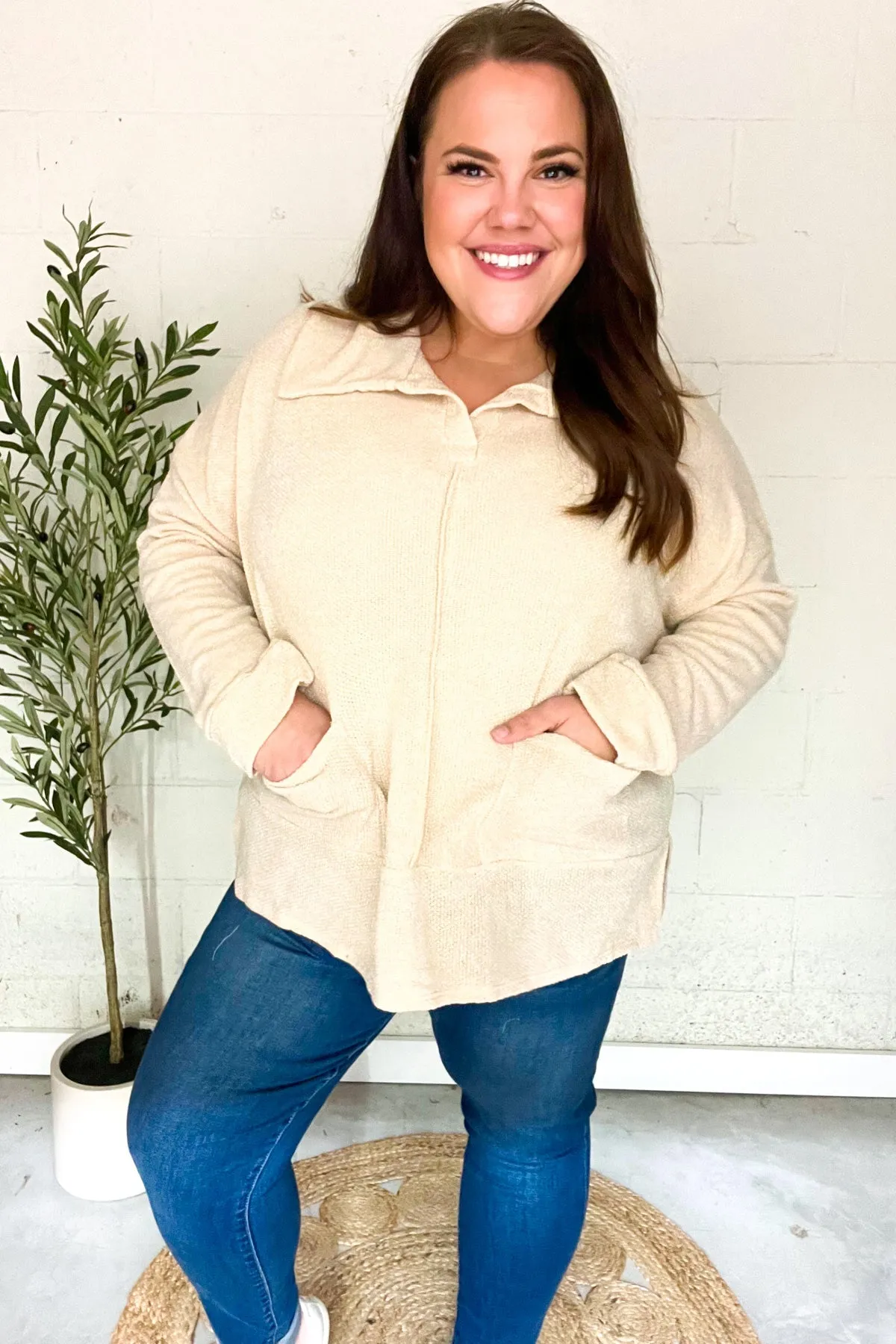 Easy Living Oatmeal Textured Knit Notch Neck Oversized Collar Sweater sold by Charming Charlie product image thumbnail 3