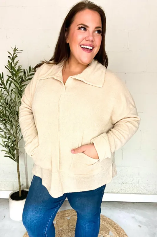 Easy Living Oatmeal Textured Knit Notch Neck Oversized Collar Sweater sold by Charming Charlie