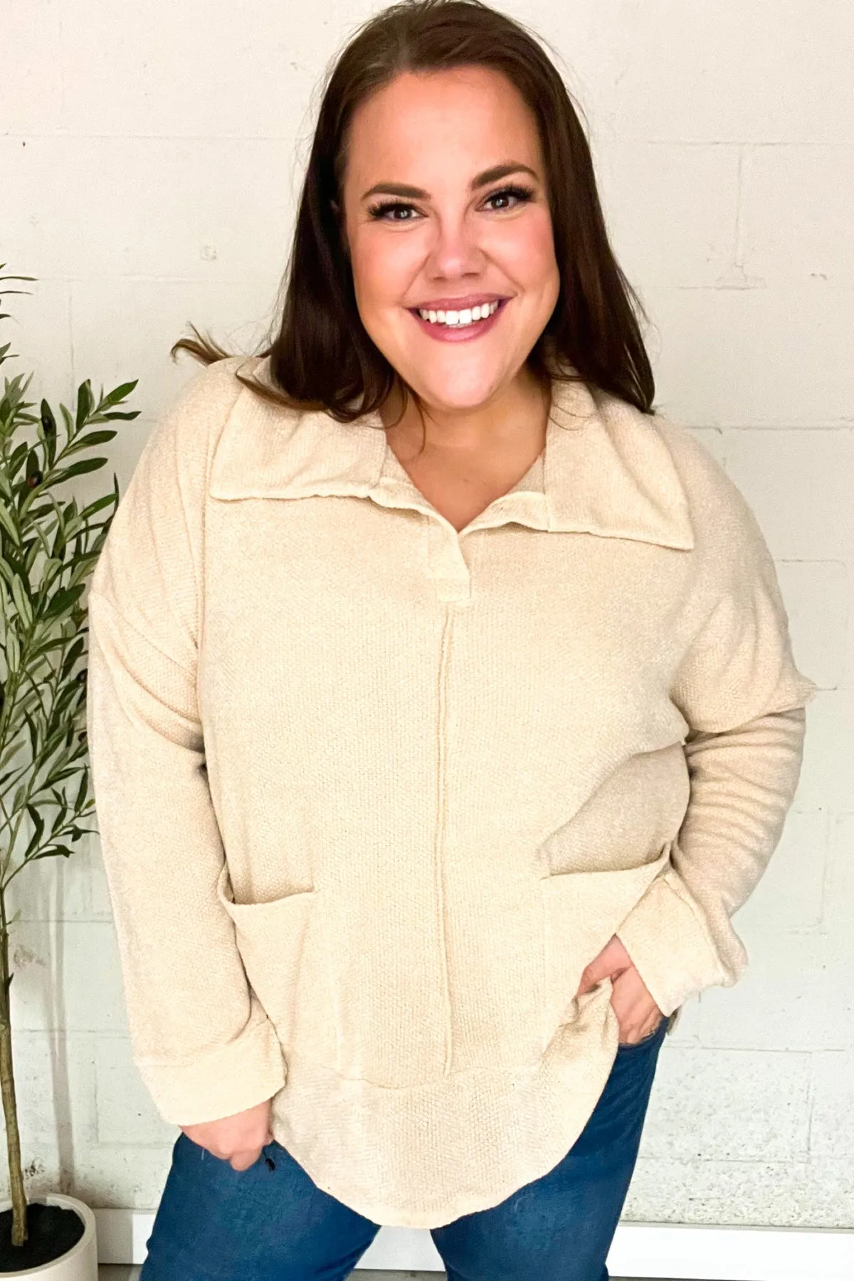Easy Living Oatmeal Textured Knit Notch Neck Oversized Collar Sweater sold by Charming Charlie product image thumbnail 5