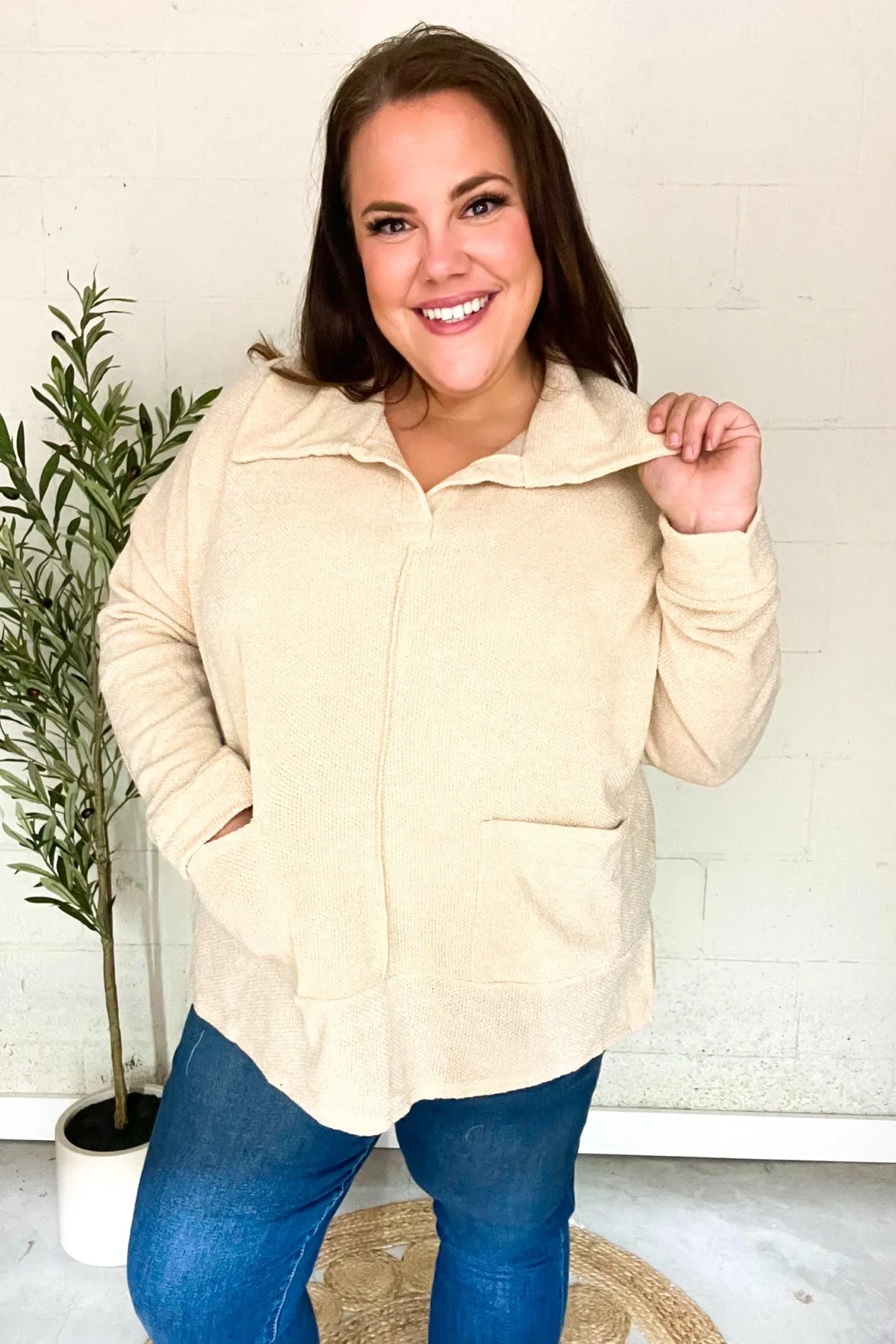Easy Living Oatmeal Textured Knit Notch Neck Oversized Collar Sweater sold by Charming Charlie product image thumbnail 4