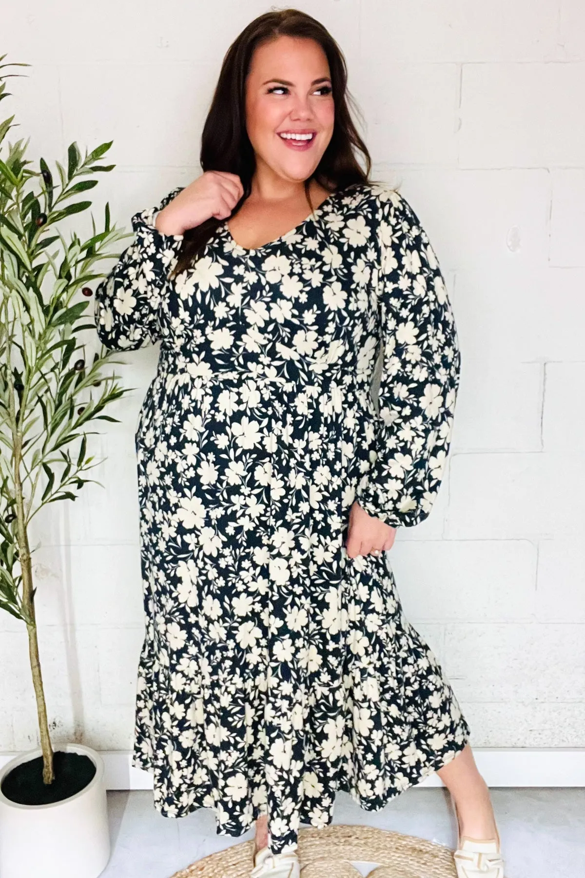 Autumn Vibes Charcoal Vintage Floral V Neck Ruffle Hem Midi Dress sold by Charming Charlie